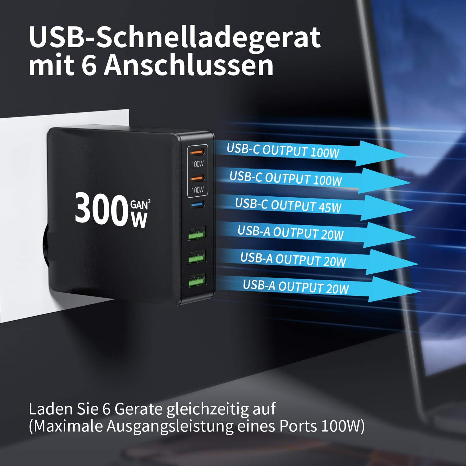 300W GaN PD USB-C Fast Charger with 6 Ports (3 USB-C & 3 USB-A) - Multi-Port Charging Station for MacBook, iPad Pro/Air, iPhone 16/15 Pro Max, Samsung Galaxy - Perfect for Home, Office & Travel Charging Needs