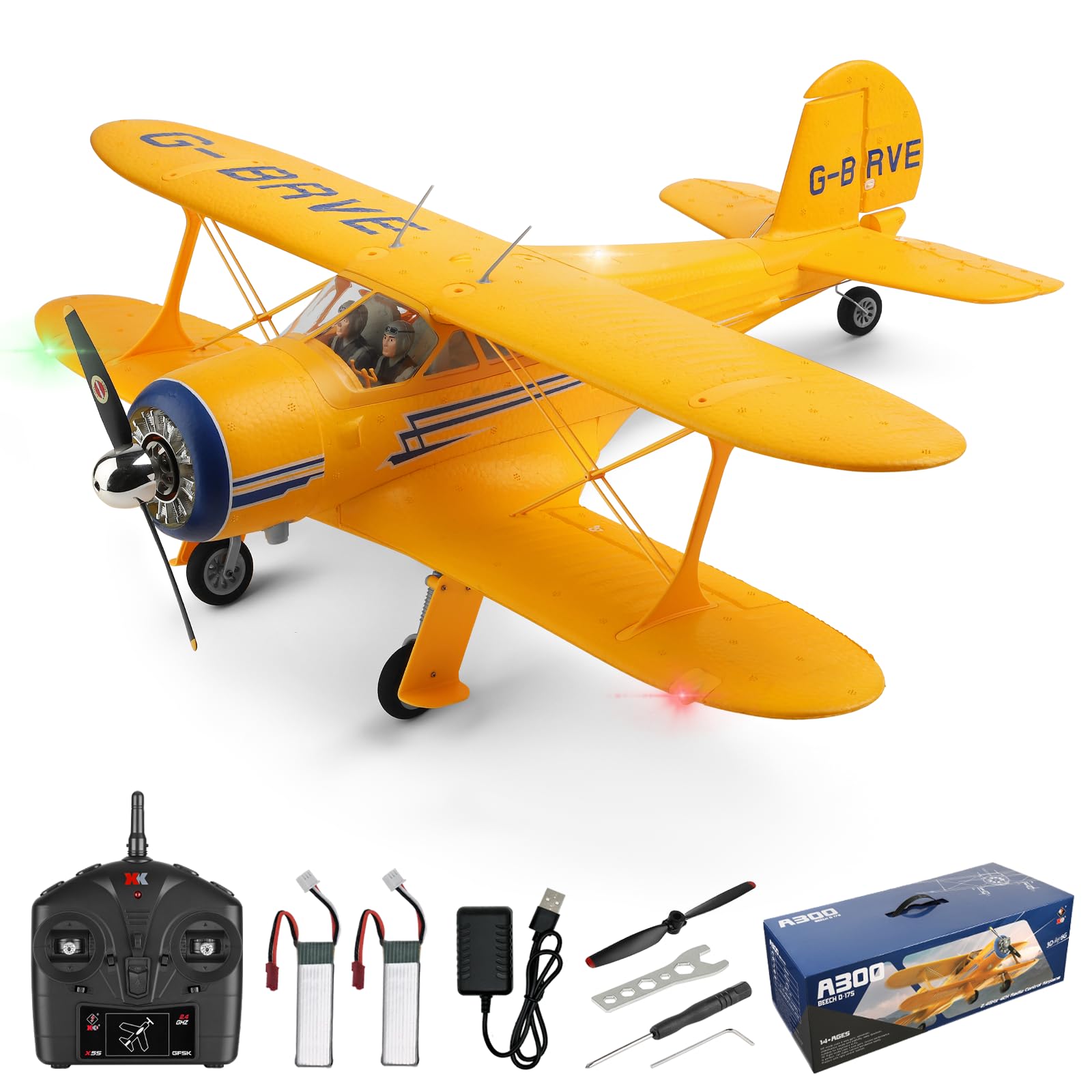 WLtoys A300 4-Channel RC Plane - Beechcraft D-17 Model with LED Lights, 6G/3D Brushless Motor, 2.4GHz Remote Control & 2 Batteries - Perfect RC Airplane Gift for Adults (Outdoor Flying, Hobbyist Collections, Birthday Presents)