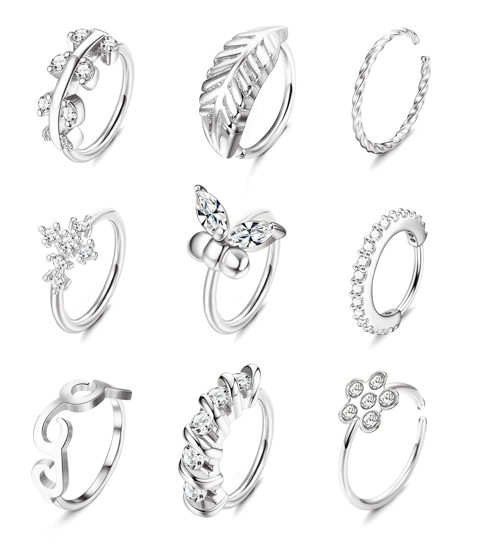 Stainless Steel Nose Rings 9Pcs - CZ Hoop Piercing Jewelry for Women & Men | Cartilage, Butterfly Nose Studs for Everyday Wear