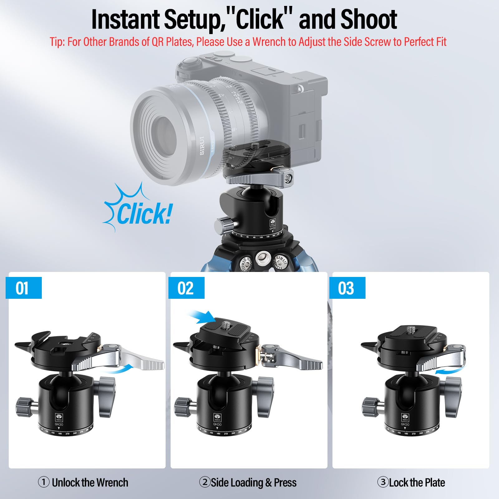 SIRUI GH30 Low Profile Quick Release Ball Head Tripod Mount - 360° Panoramic Metal Camera Head with 1/4
