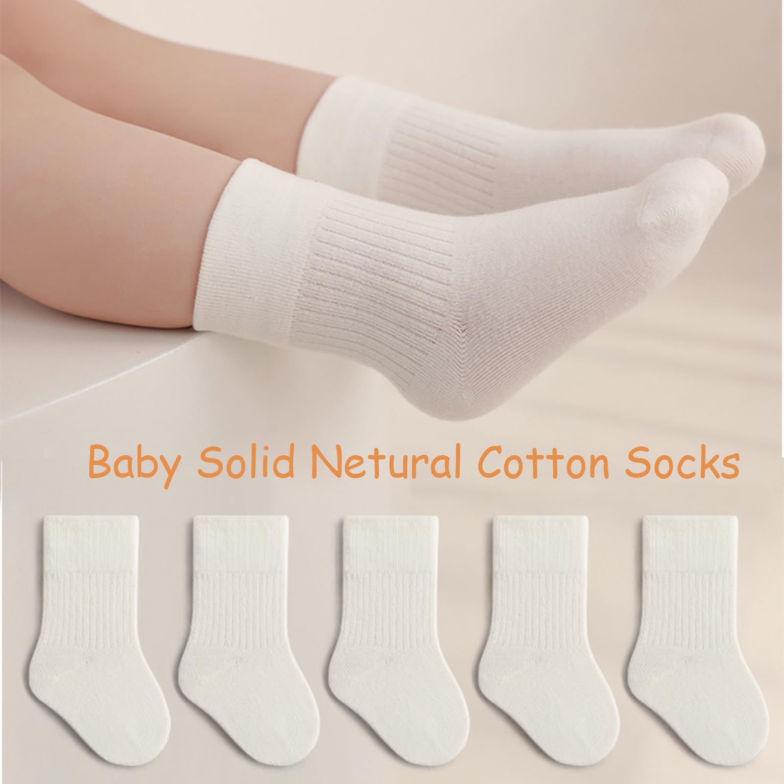5 Pairs Soft Cotton Toddler Crew Socks - Stretchy Elastic Baby Socks for Boys & Girls - Unisex Solid Color Kids Socks for Everyday Wear, Playtime & School