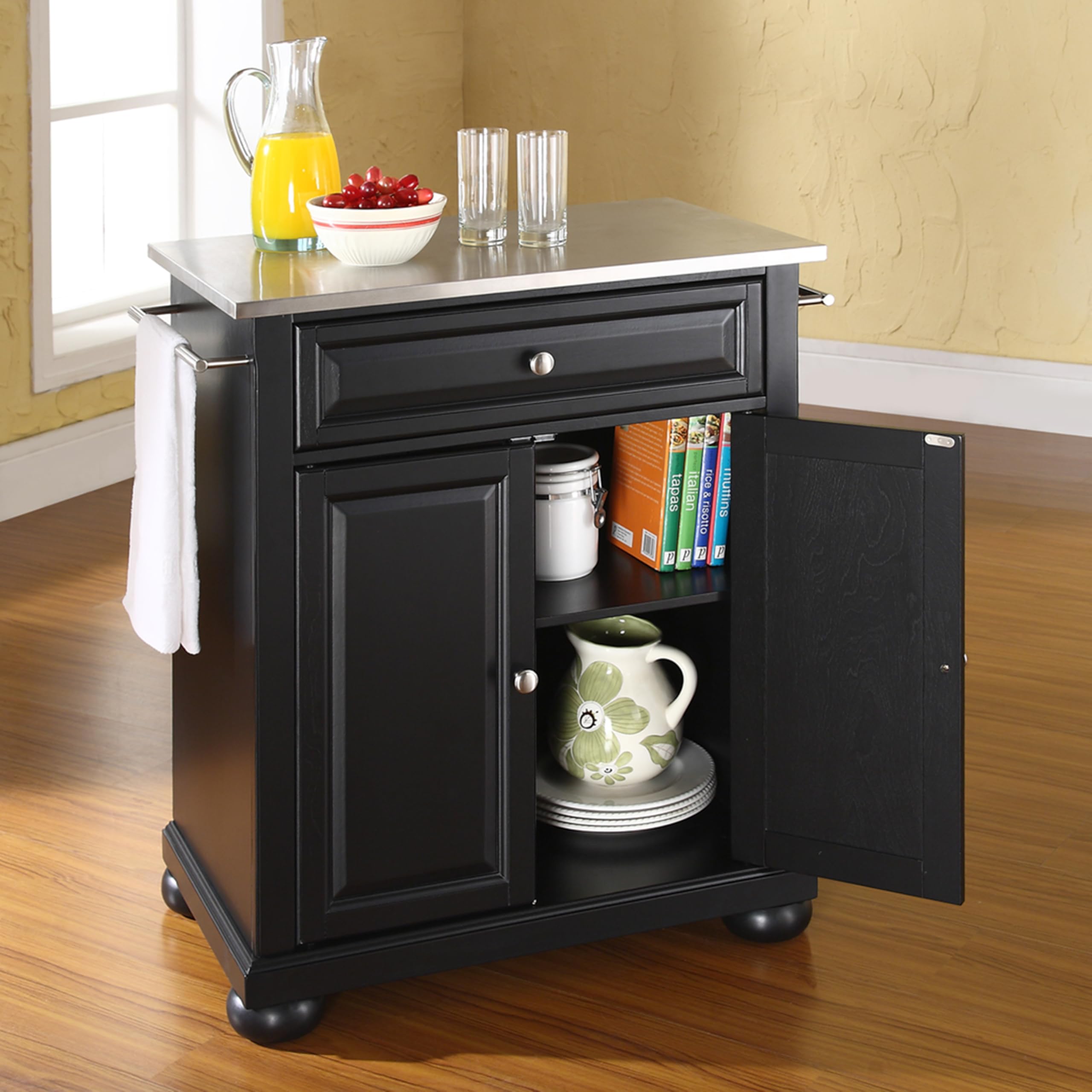 Crosley Alexandria Stainless Steel Top Rolling Kitchen Island Cart with Storage - Microwave Stand, Black - Perfect for Small Kitchens, Apartments & Dorm Rooms