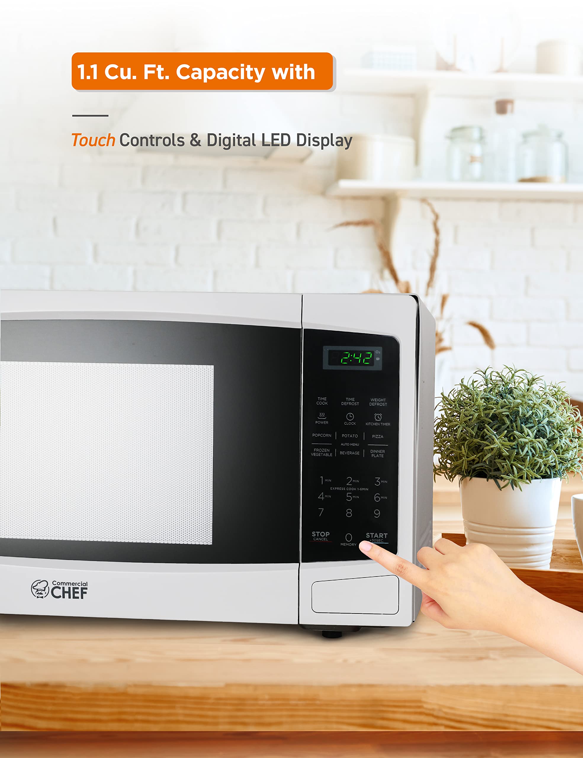 Commercial Chef 1.1 Cu Ft 1000W Countertop Microwave Oven - 10 Power Levels, Push Button Door Lock, Digital Controls & Turntable - Perfect for Home Kitchen, Office, Dorm & Small Spaces (White)