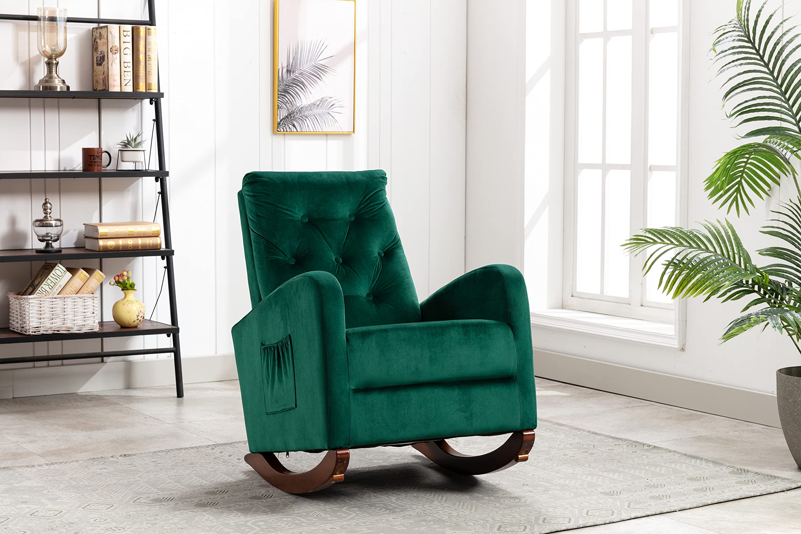 HomVent Baby Nursery Rocking Chair - High Back Comfortable Rocker with Fabric Padded Seat, Modern Armchair for Nursing & Feeding - Green (Perfect for Bedrooms, Nurseries & Breastfeeding Rooms)