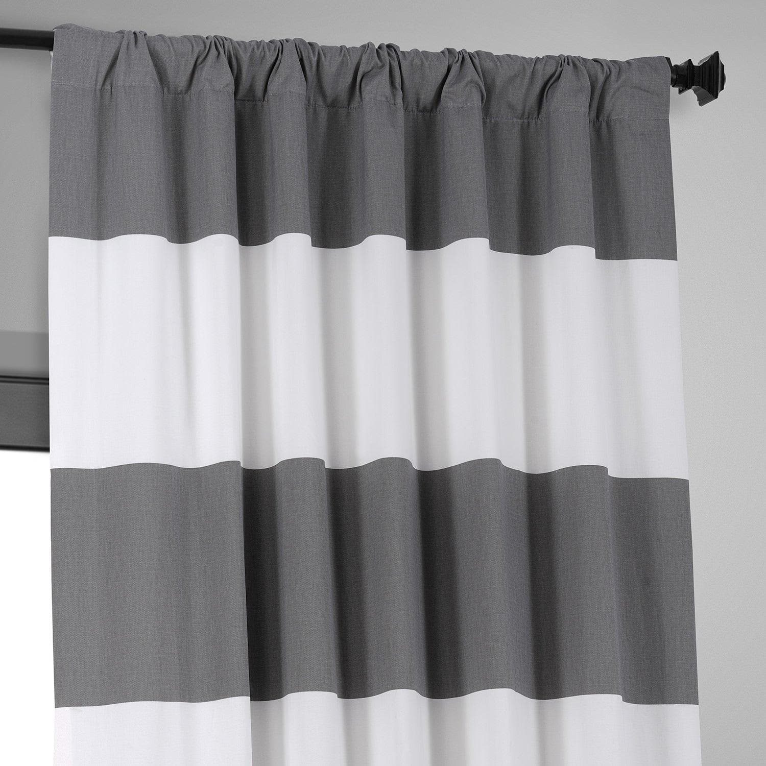 Slate Grey & Off White Horizontal Striped Blackout Curtains for Bedroom - 100% Cotton Thermal Insulated Hotel Drapes for Living Room & Nursery