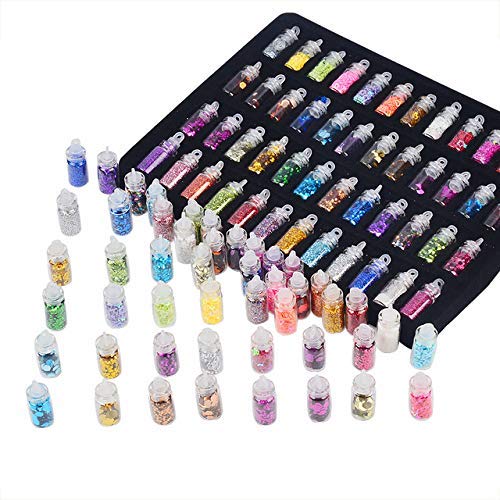 FAMEZA 48 Bottles Nail Glitter Powder Set - Mini Colorful Sequins, Acrylic Beads & Rhinestones for UV Gel Nail Art | Perfect for Salon, DIY Manicures & Nail Decoration