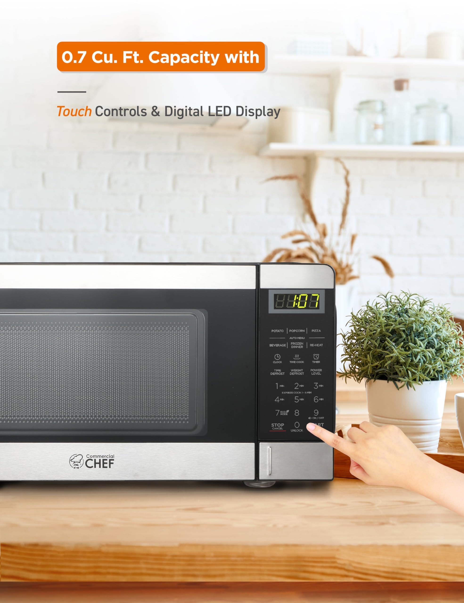 Commercial Chef 0.7 Cu Ft Compact Microwave Oven - 700W Countertop Microwave with 10 Power Levels, Push Button Controls, 99-Minute Timer & Digital Display - Perfect for Dorms, Offices & Small Kitchens (Stainless Steel)