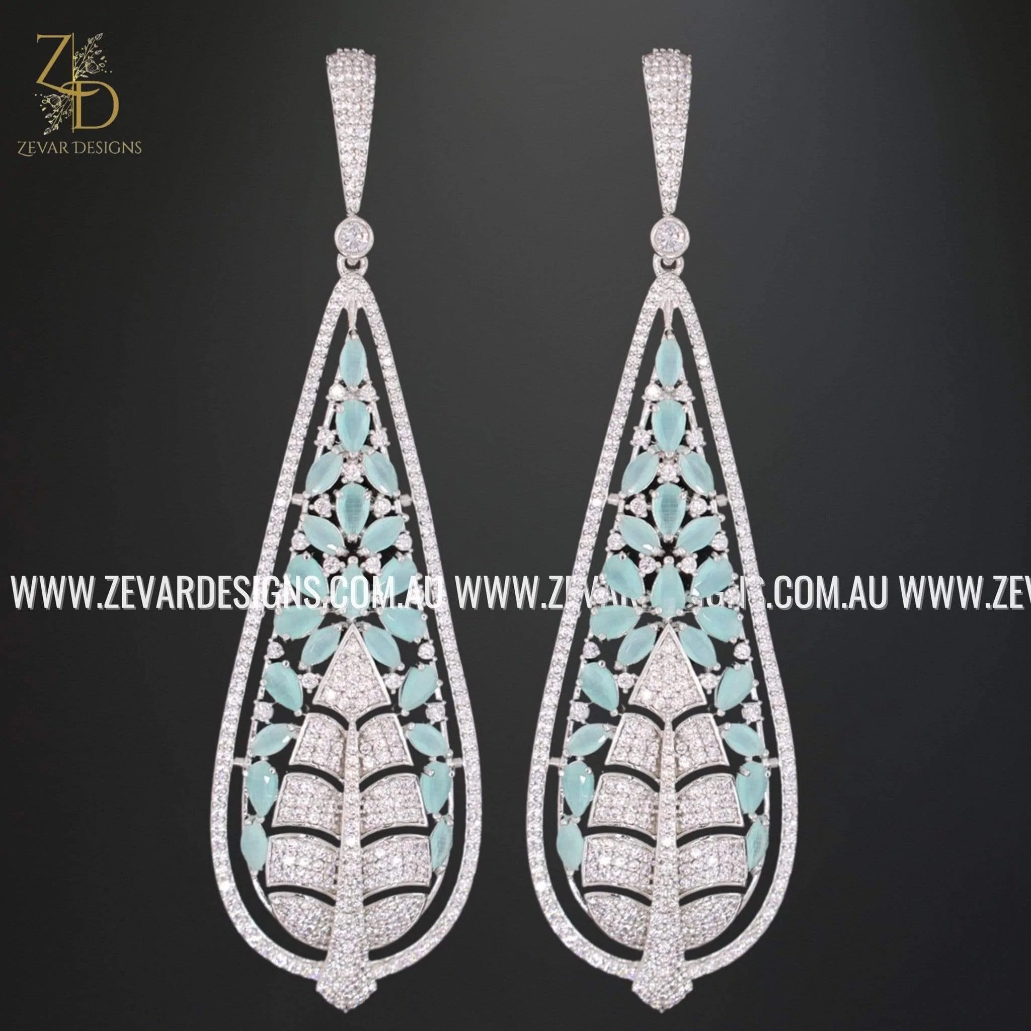 Zircon Earrings for Women - White Rhodium Plated with Ocean Blue Stones | Elegant Dangle Earrings for Party, Wedding & Evening Wear