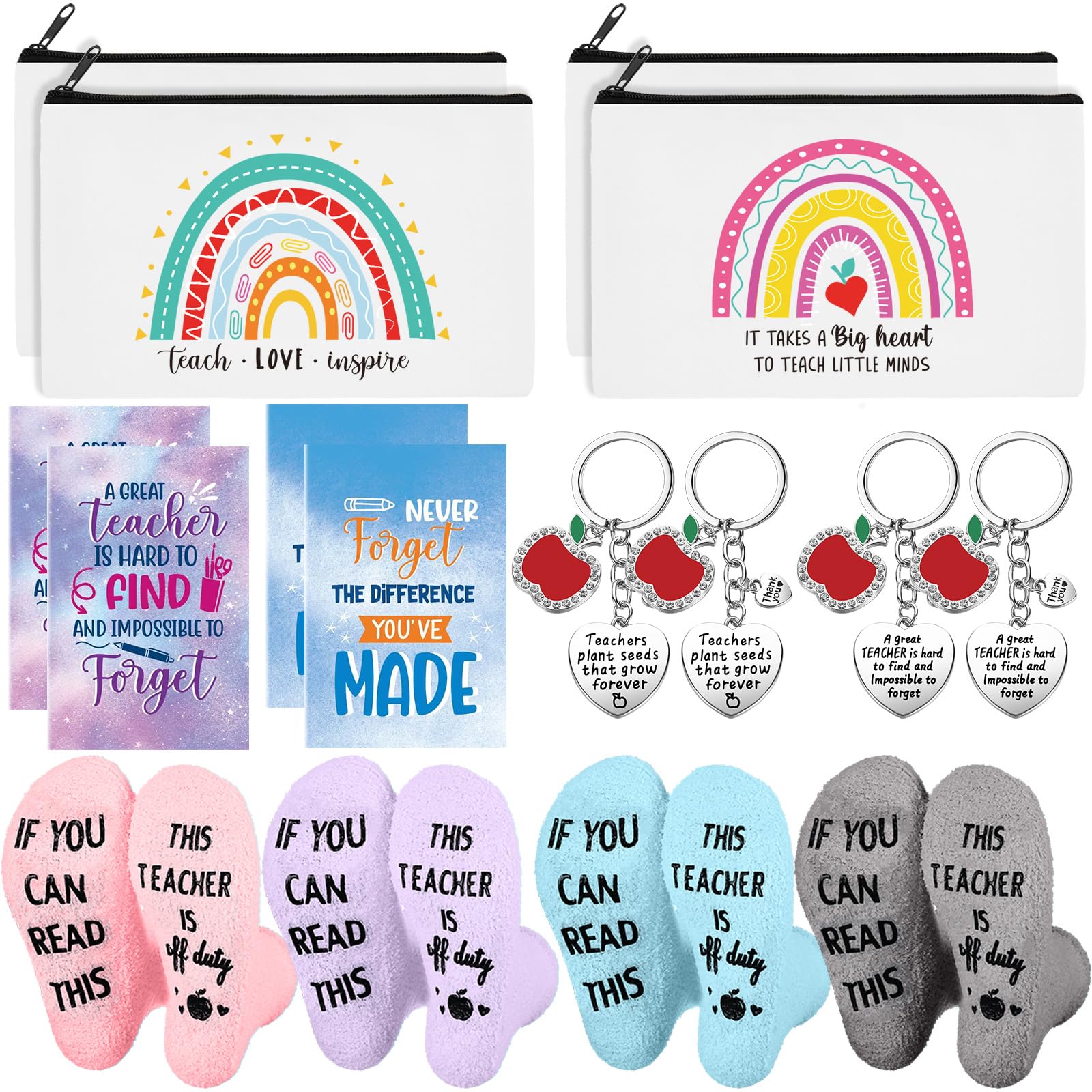 16-Piece Teacher Appreciation Gift Set - 4 Pairs of Socks, 4 Rainbow Makeup Bags, 4 Inspirational Notepads & 4 Keychains - Perfect Thank You Gift for Women, Graduation & Teacher's Day - Ideal for Classroom Gifts, End-of-Year Presents & Staff Recognition