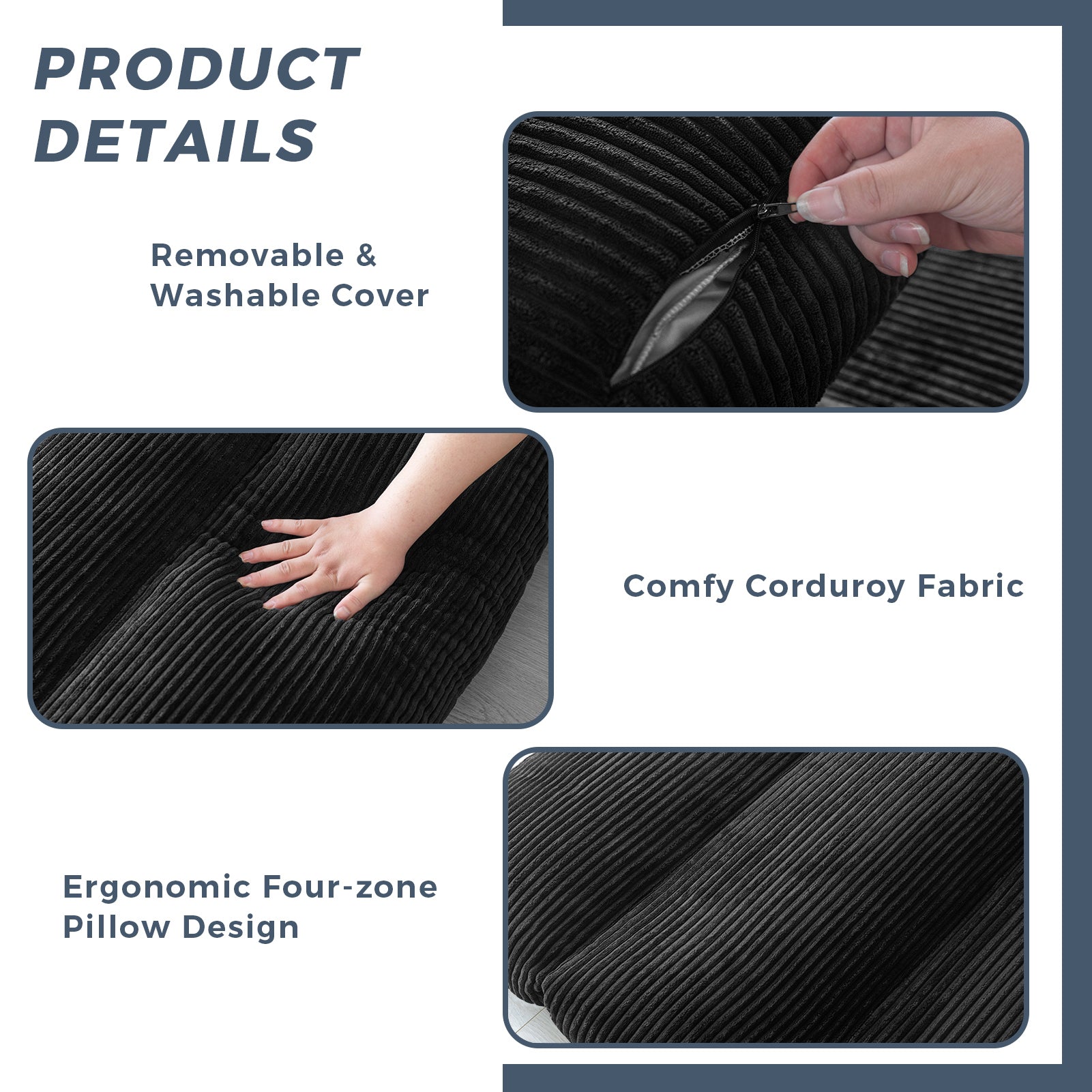 MAXYOYO Extra Wide Corduroy Bean Bag Folding Sofa Bed - Convertible Floor Mattress for Living Room, Bedroom & Guest Room (Black)