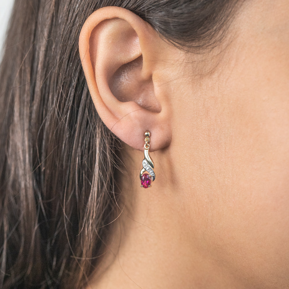 9ct Yellow Gold Created Ruby and Diamond Drop Earrings for Women - Elegant Dangle Earrings for Parties, Weddings & Special Occasions