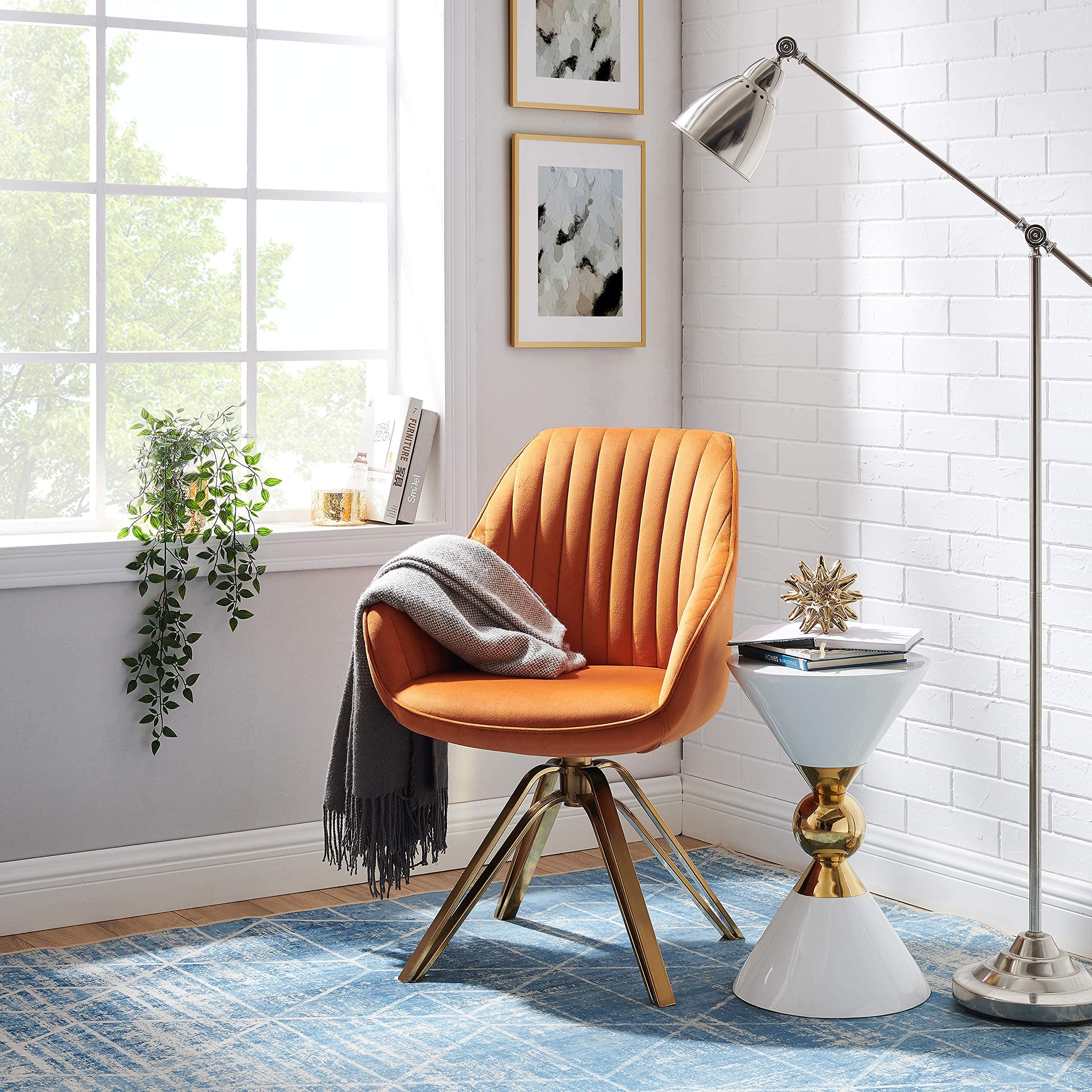 Volans Mid Century Modern Swivel Accent Chair - Hollow Brushed Gold Plated Legs, Office Desk Chair for Living Room, Dining Room & Small Spaces - Cinnamon Brown - Perfect for Home Office, Reading Nook & Lounge Areas