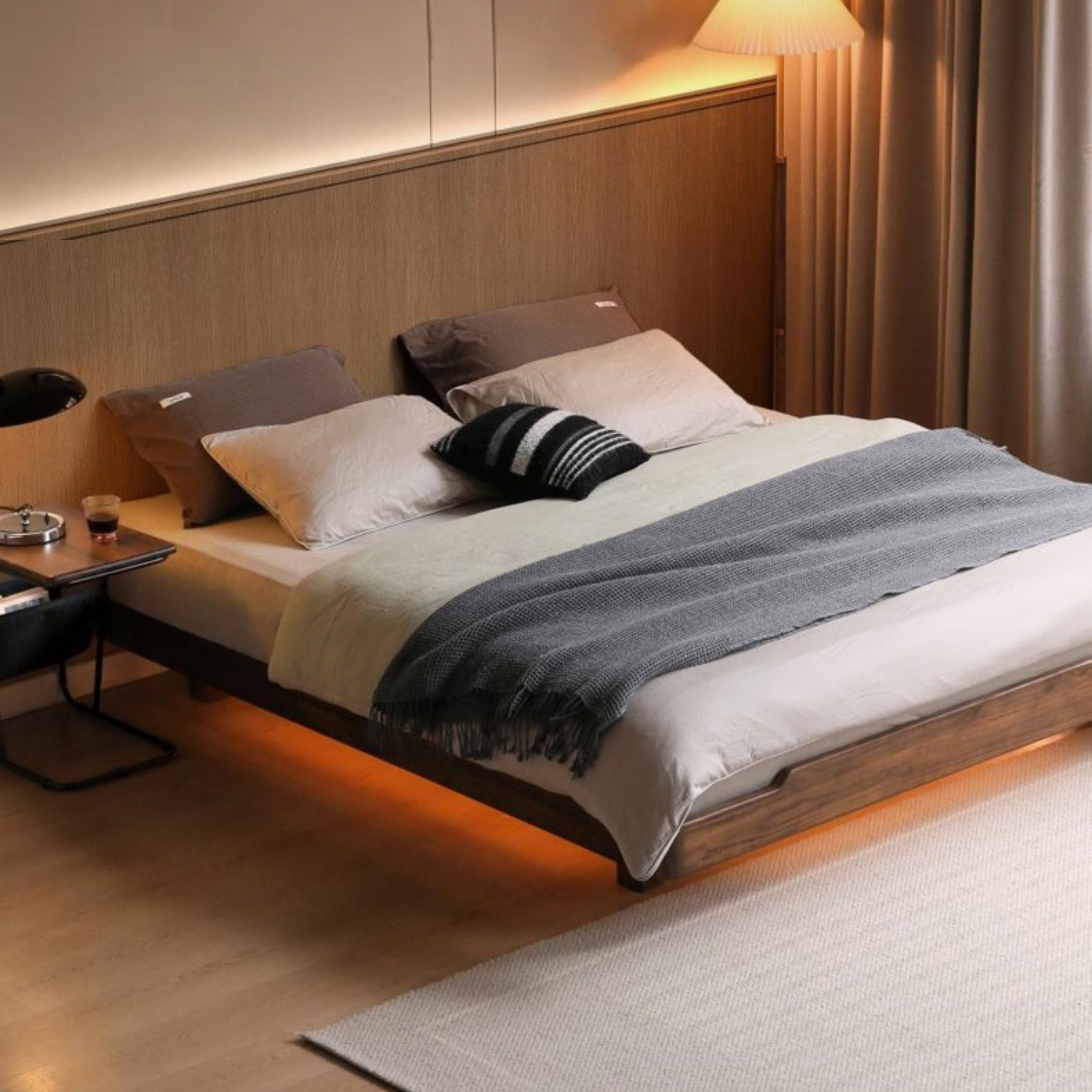 Solid Black Walnut Wood Platform Bed - Headboard Free Suspended Bed Frame for Modern Bedroom | Perfect for Minimalist & Contemporary Home Decor