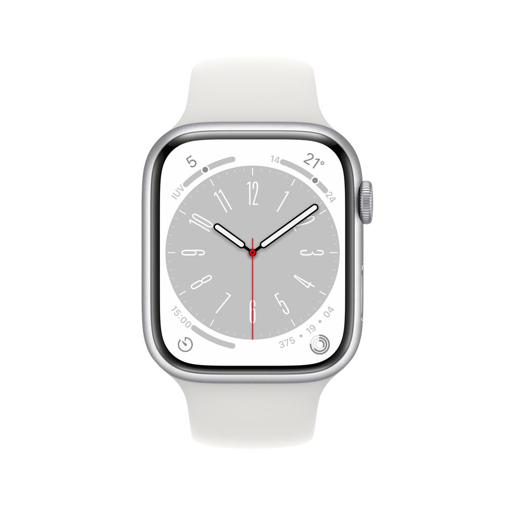 Apple Watch Series 8 (GPS + Cellular) 45mm Silver Aluminum Case with White Sport Band - Perfect for Fitness Tracking, Calls & Notifications on the Go