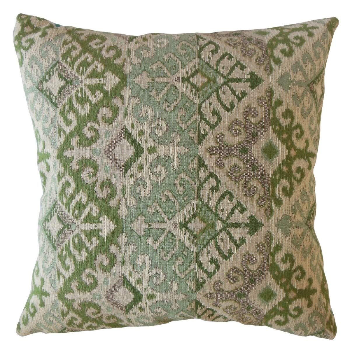 22x22 Inch Ikat Decorative Throw Pillow - Green Geometric Cotton Square Pillow Cover with Removable Insert | Boho Home Decor for Living Room, Bedroom & Sofa