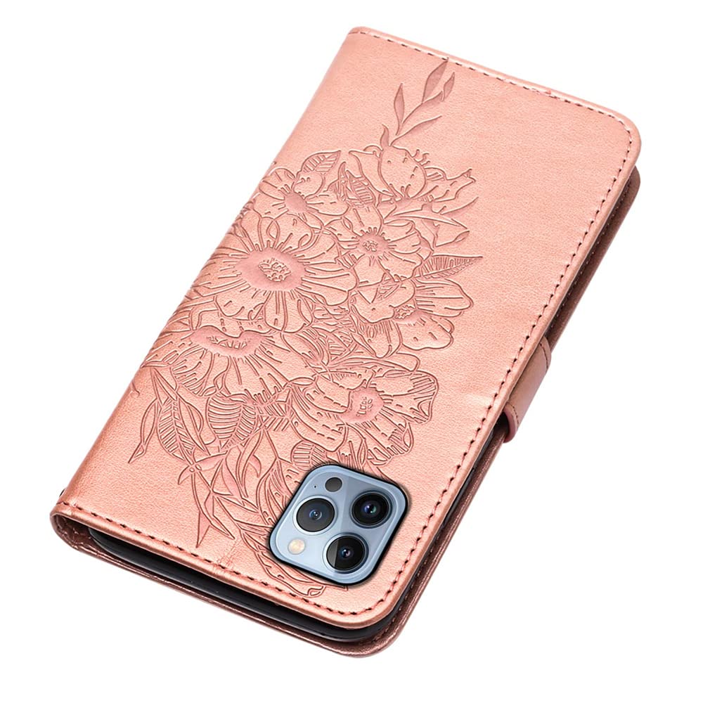 Premium Luxury PU Leather iPhone 13 Pro Max Case with Card Holder & Kickstand (6.7 inch) - Butterfly Rose Gold Design | Slim Protective Wallet Case for Women & Men | Perfect for Work, Travel & Everyday Use - YBH