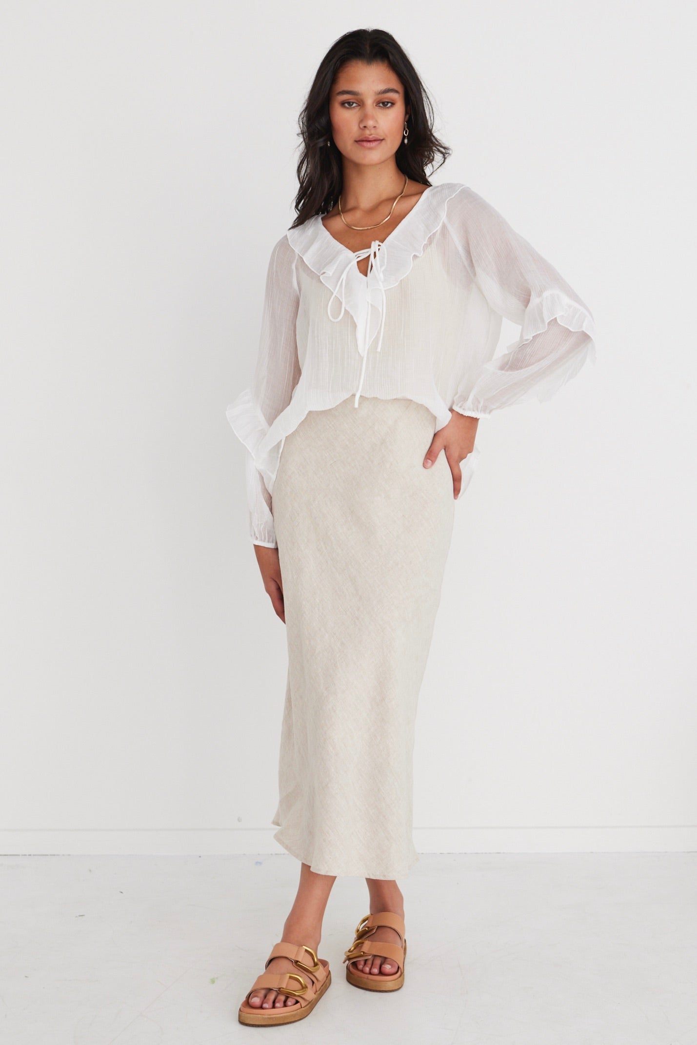 Ivory Sheer Frill Front Top for Women - Elegant Daily Wear Blouse for Casual Outings & Office Attire