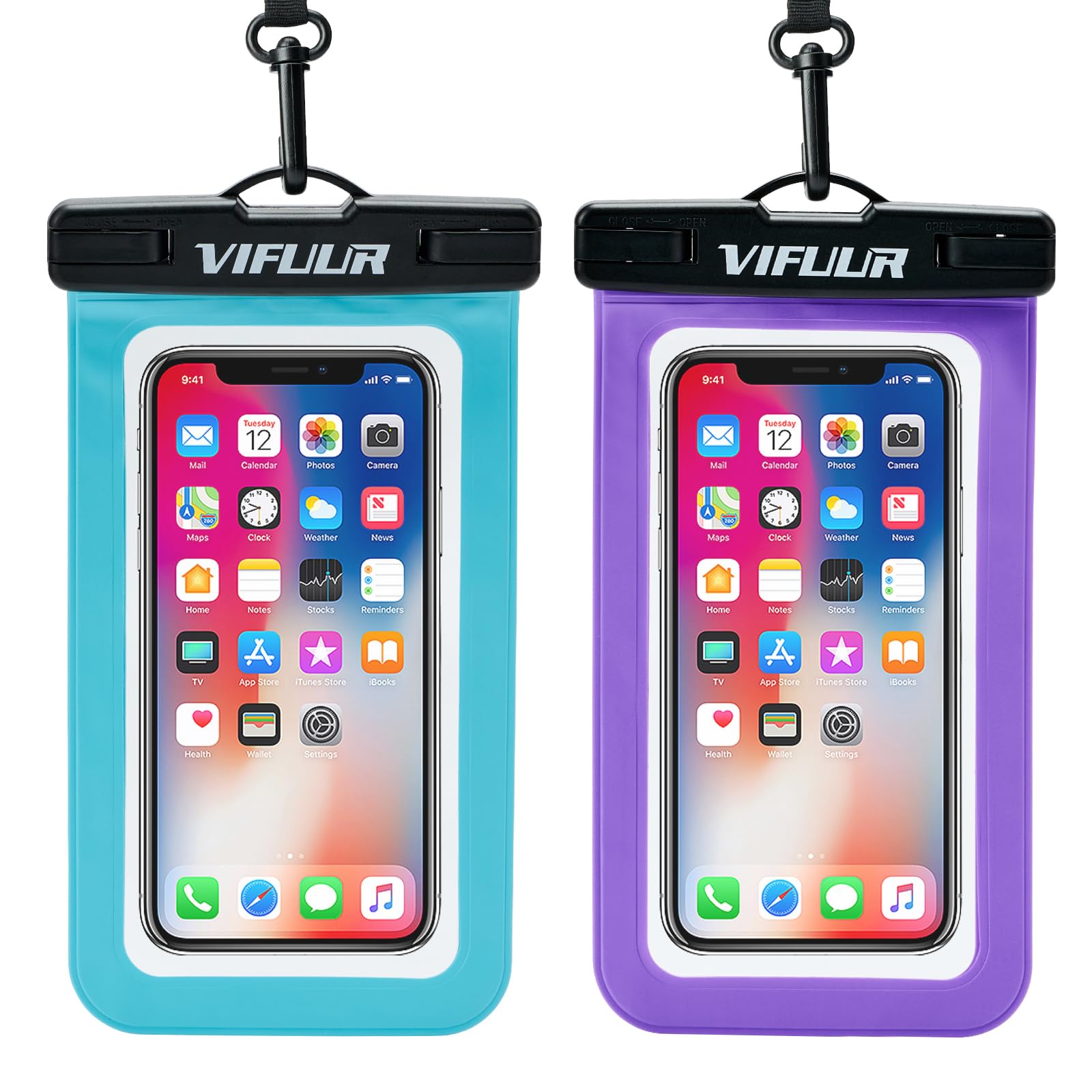 VIFUUR IPX8 Waterproof Phone Pouch - Universal Waterproof Dry Bag Case for iPhone 15 14 13 12 Pro Max XS Plus & Samsung Galaxy - Beach, Pool, Diving, Swimming, Kayaking Accessories (2 Pack - Blue & Purple)