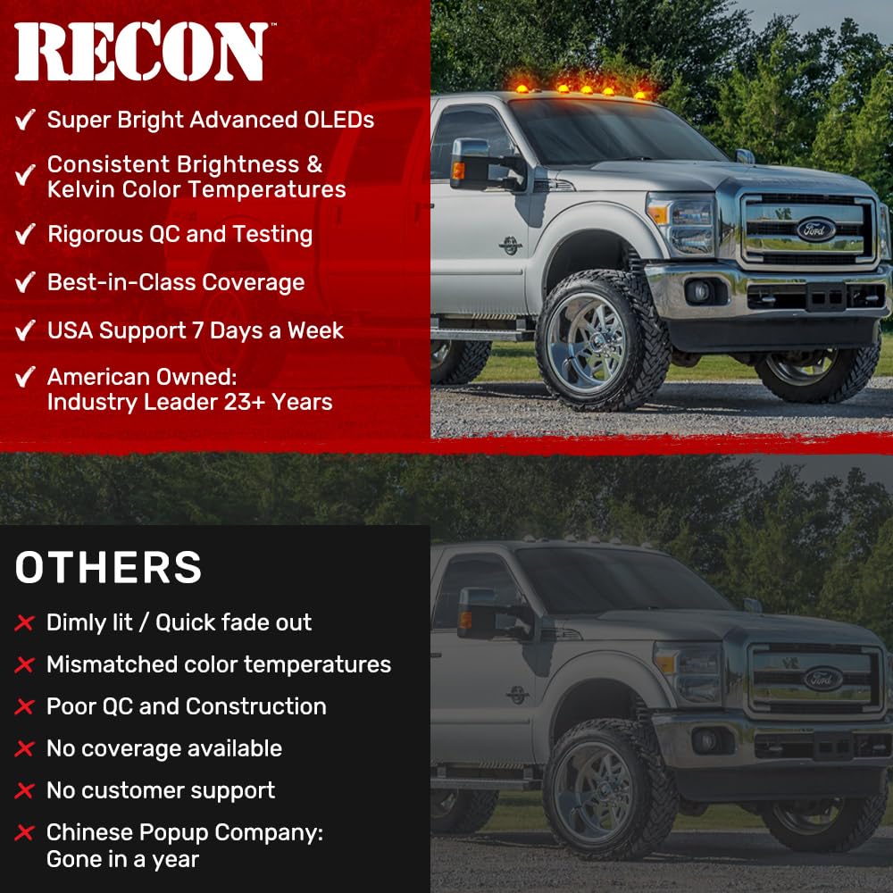 RECON 5-Piece Clear Lens Amber LED Cab Lights Kit for 1999-2016 Ford Super Duty F250 F350 F450 F550 Trucks (Non-Factory Cab Light Models) - Upgrade Your Truck's Visibility & Style for Night Driving and Off-Road Adventures