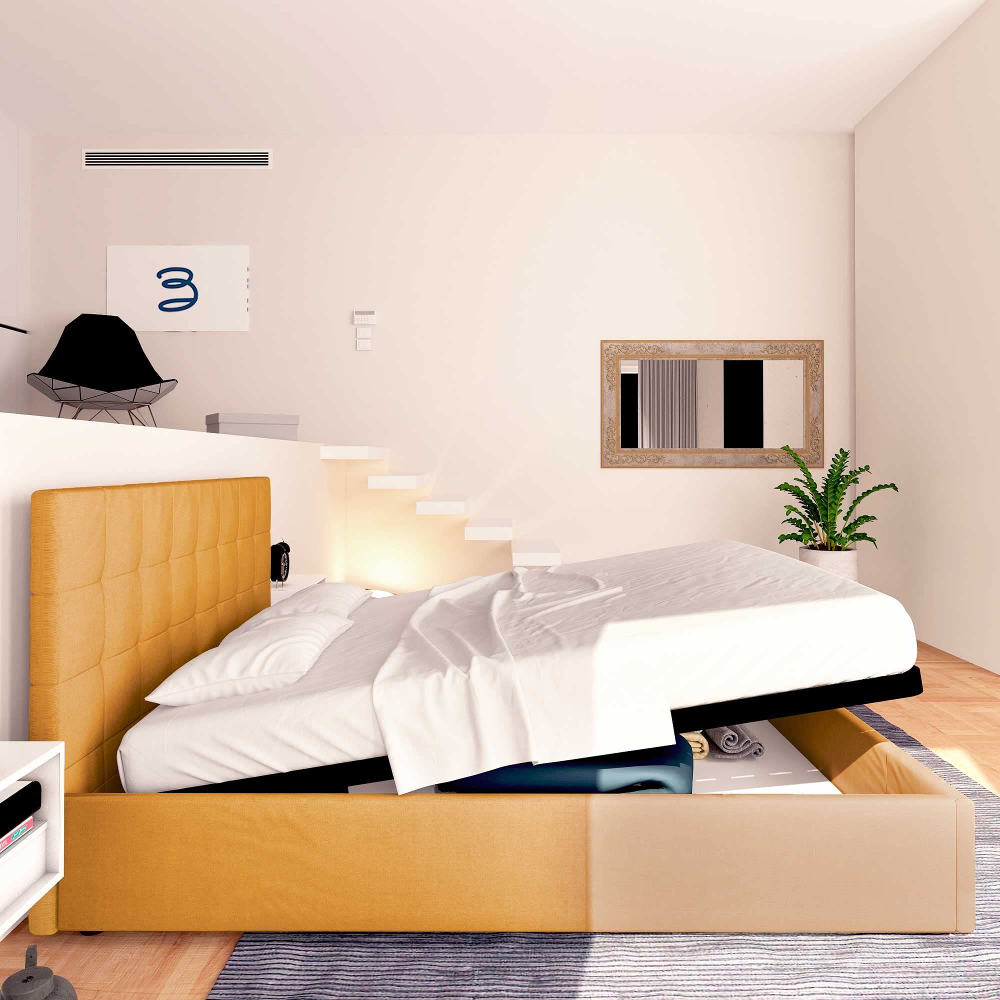 Baldiflex Single Bed Frame with Storage, Dublin Fabric Design, Slatted Base for Single Mattress, 90 x 190 cm, Elegant Headboard, Mango Color - Perfect for Small Bedrooms, Guest Rooms & Studio Apartments