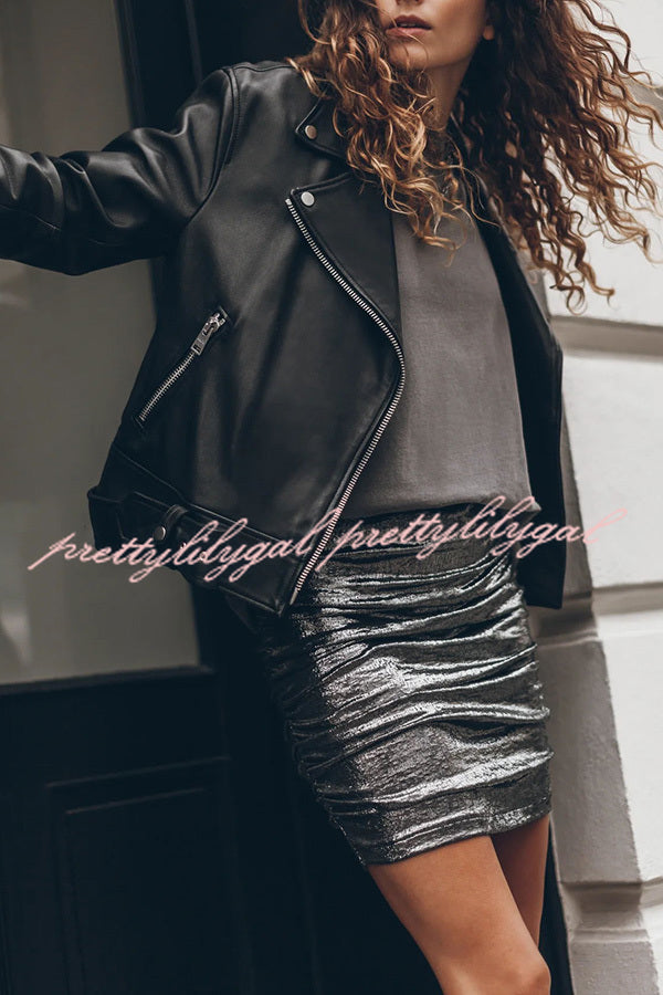 Glitter Fabric Ruched Elastic Waist Mini Skirt for Women - Party, Club, Night Out & Special Occasions - Sexy High Waist Bodycon Skirt for Dancing and Date Nights