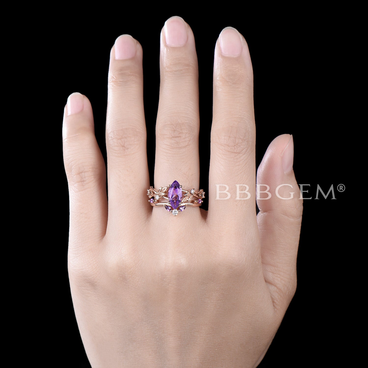 Nature Inspired Marquise Amethyst Engagement Ring - Leaf Vine Design Wedding Band for Women | Perfect for Proposals, Anniversaries & Romantic Occasions