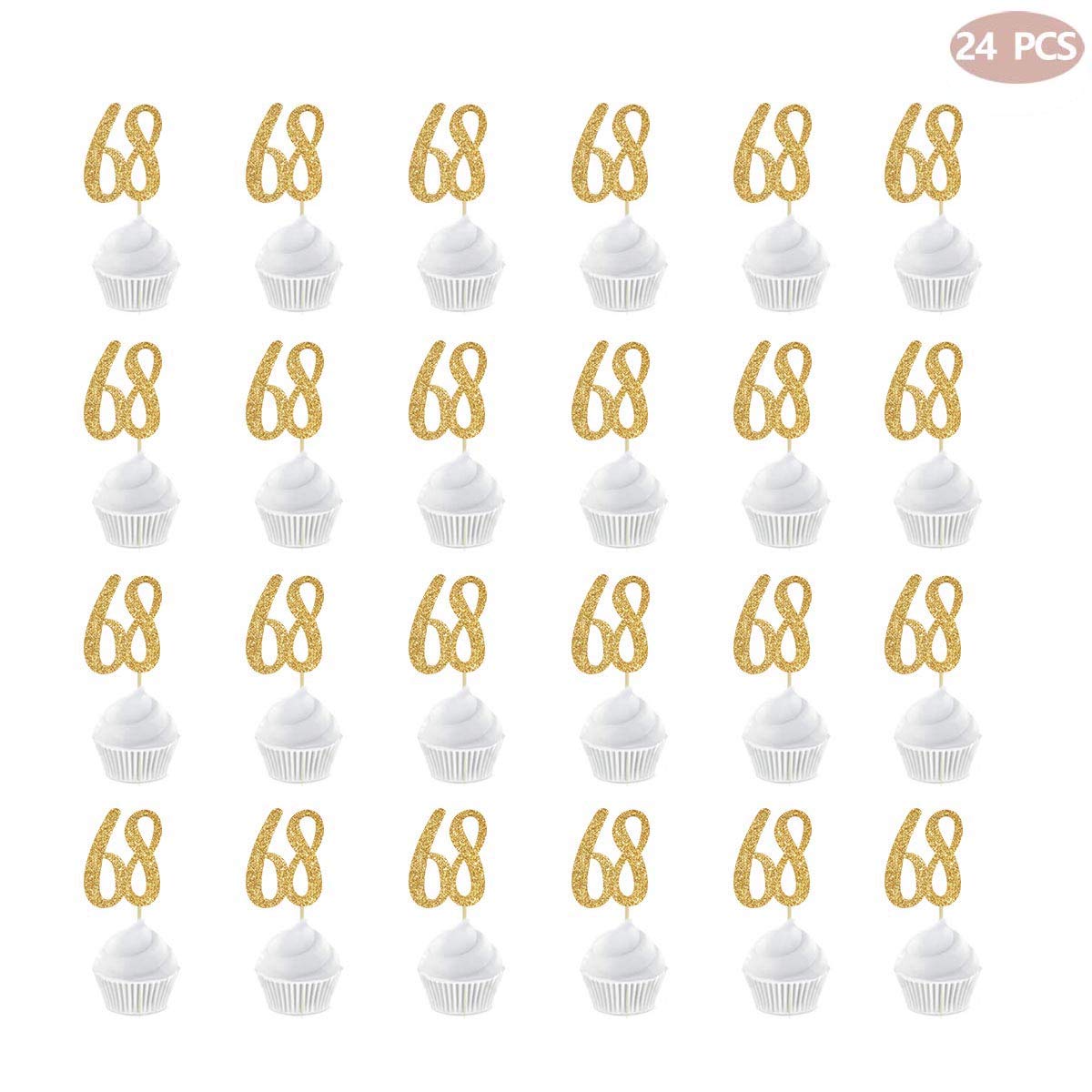 Gold Happy 68th Birthday Cupcake Toppers - 24-Pack Glitter Number 68 Cake Decorations for Anniversary Parties, Retirement Celebrations & Milestone Birthday Events