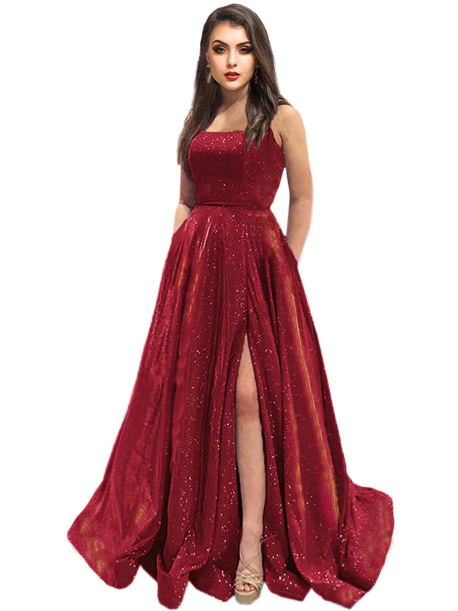 Topfountonart Women's Prom Dresses 2024 - Elegant Formal Evening Gown with Spaghetti Straps & Glitter Sequins, Pockets for Phone - Perfect for Homecoming, Wedding Guest, Cocktail Party & Black Tie Events
