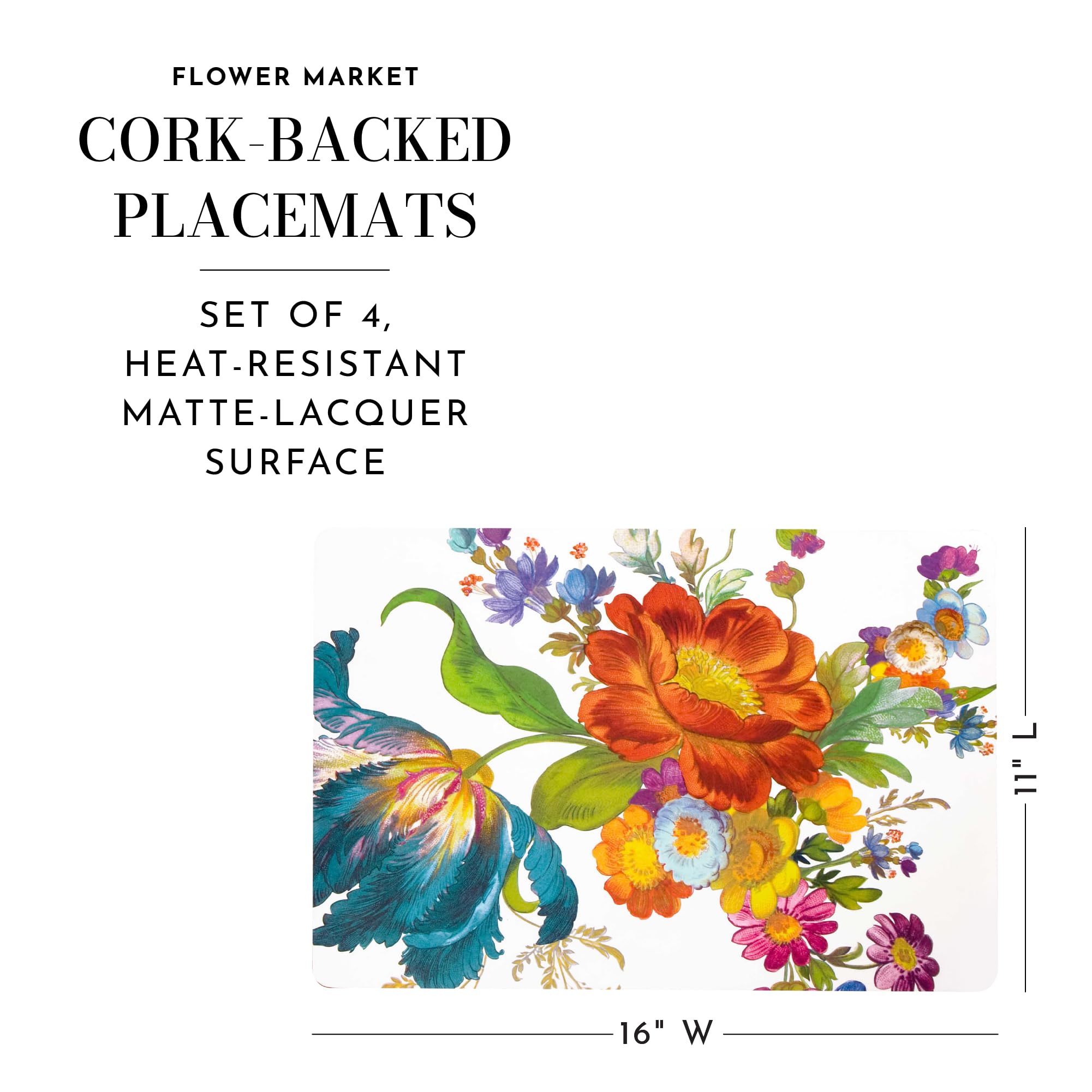 MACKENZIE-CHILDS Washable Cork-Back Placemats Set of 4 - White Flower Market Design, Durable Hard-Finish Table Mats for Dining, Kitchen, and Party Decor