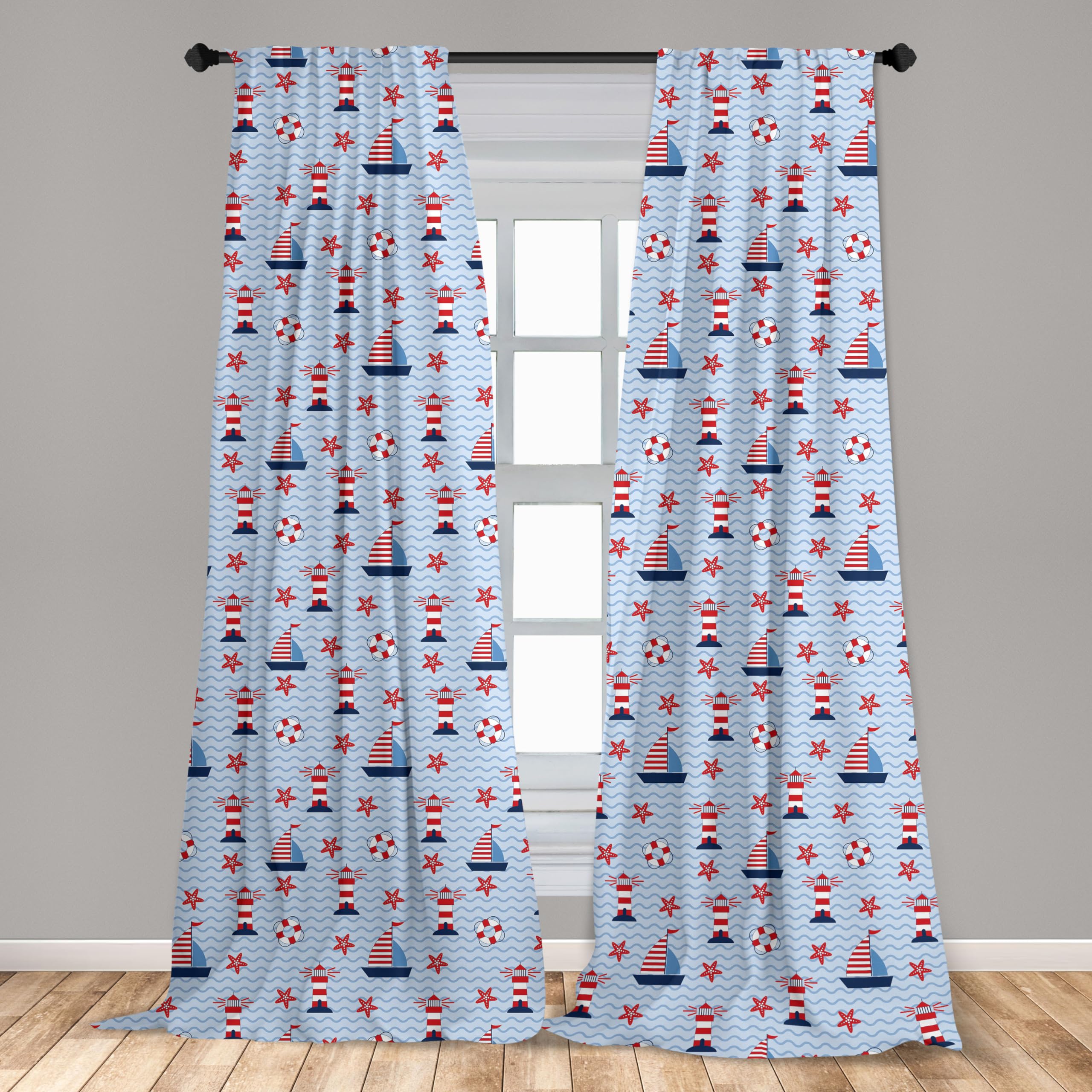 Ambesonne Lighthouse Curtains - Coastal Nautical Design with Sea Waves, Boats & Starfish - 2 Panel Window Treatments Set (28