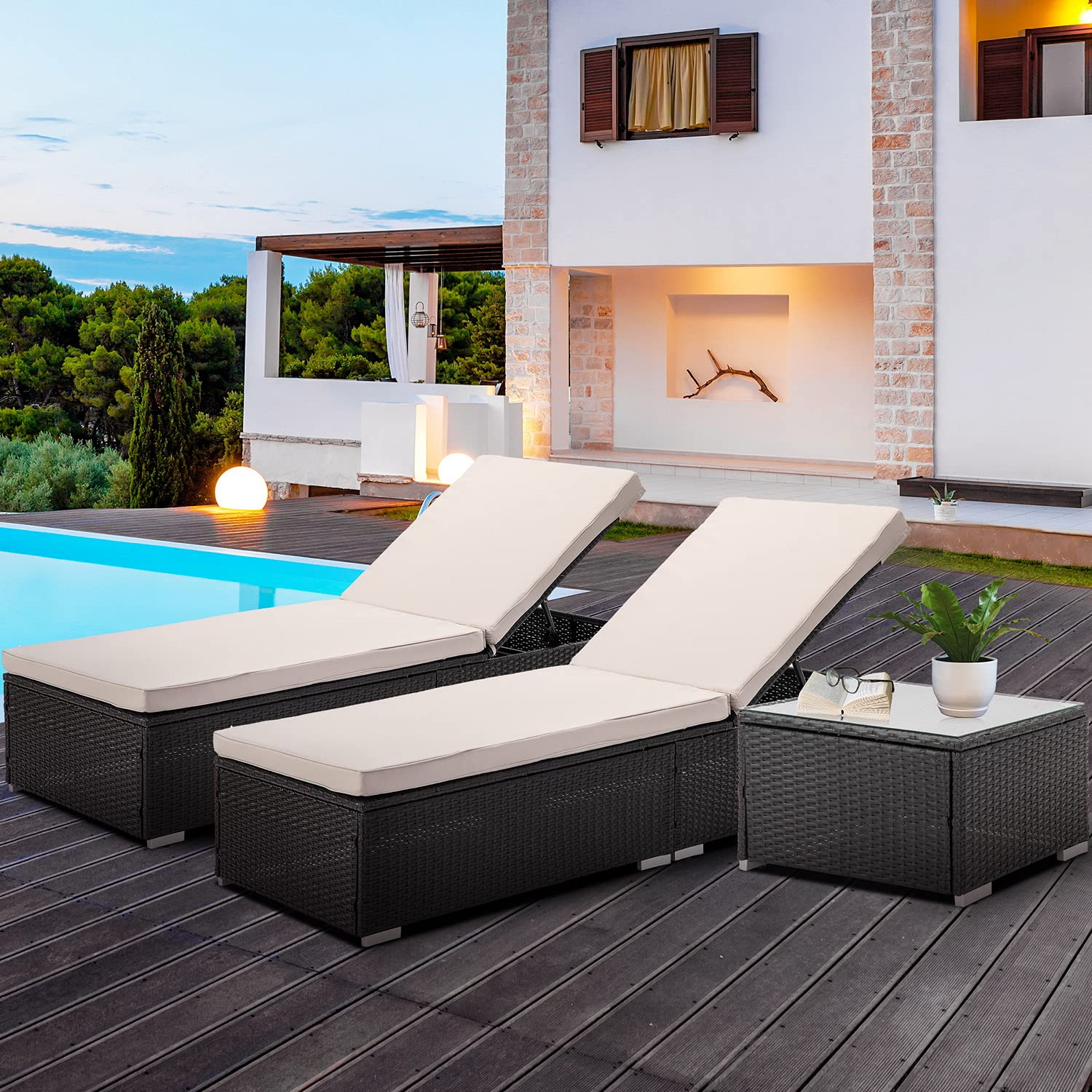 3-Piece Patio Rattan Reclining Chair Set with Coffee Table - Adjustable PE Wicker Chaise Lounge with Shelving Board & 2 Cushions - Outdoor Furniture for Garden, Beach, Poolside Relaxation