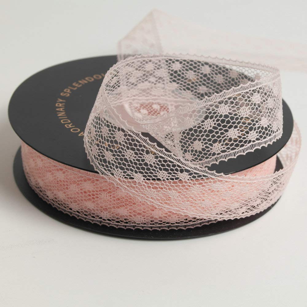 5/8 Inch Light Pink Polyester Lace Ribbon Trim - 25 Yards per Roll for DIY Crafts, Wedding Decorations & Gift Wrapping