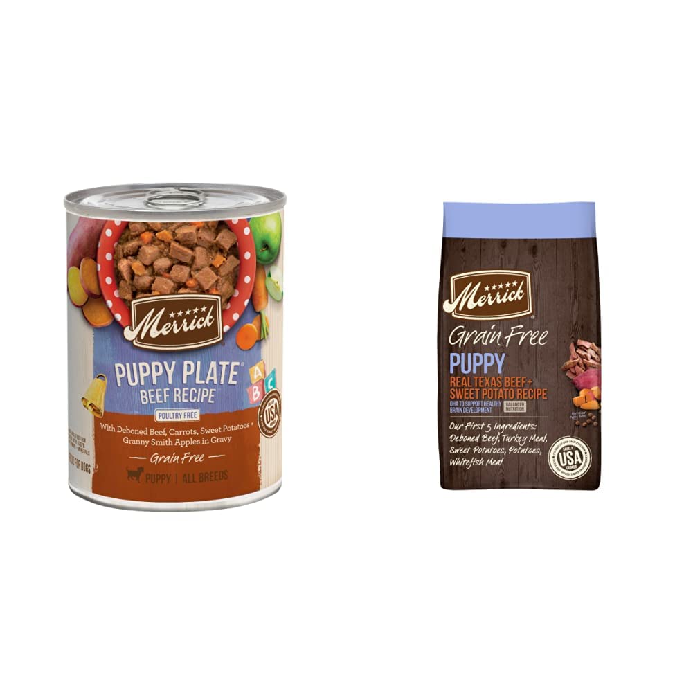Merrick Grain Free Puppy Dry & Wet Dog Food Bundle - Beef Recipe for Small & Large Breed Puppies - Perfect for Training, Weaning & Healthy Growth