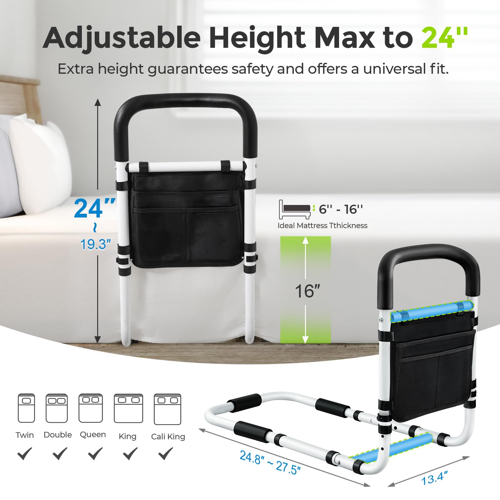 AUVON Adjustable Bed Rails for Elderly Adults - Heavy Duty Safety Bed Assist Rail with Double Crossbeam & Storage Pocket - High Support Bed Guard for Seniors to Get In/Out of Bed Safely - Ideal for Home Care, Hospital Use & Mobility Assistance