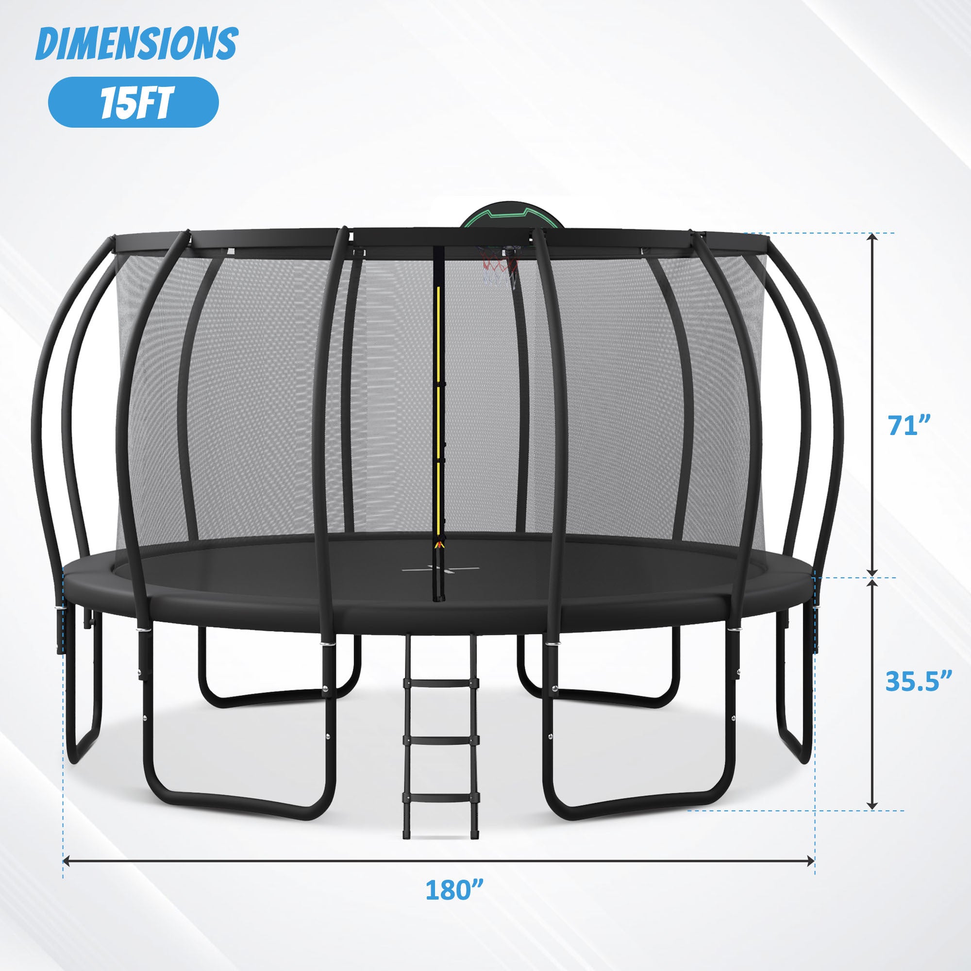 15FT Kids Trampoline with Safety Enclosure - Upgraded ArcPole & Composite TopLoop, Includes Basketball Hoop & 12 Ground Stakes | Outdoor Backyard Play Equipment for Physical Training & Family Fun