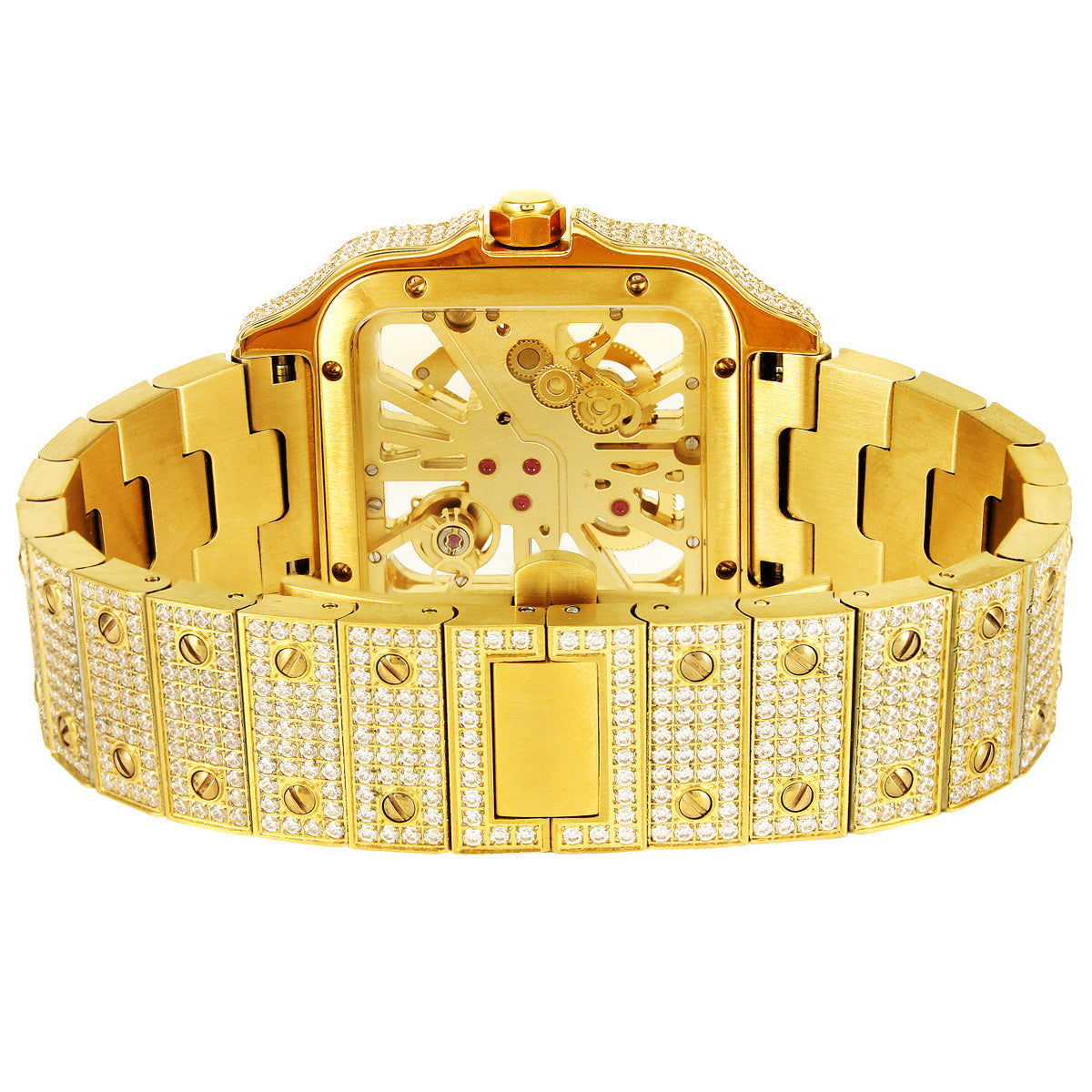 Handcrafted Moissanite Skeleton Dial Gold Stainless Steel Watch - Luxury Unisex Timepiece for Men & Women | Perfect for Weddings, Anniversaries & Formal Events