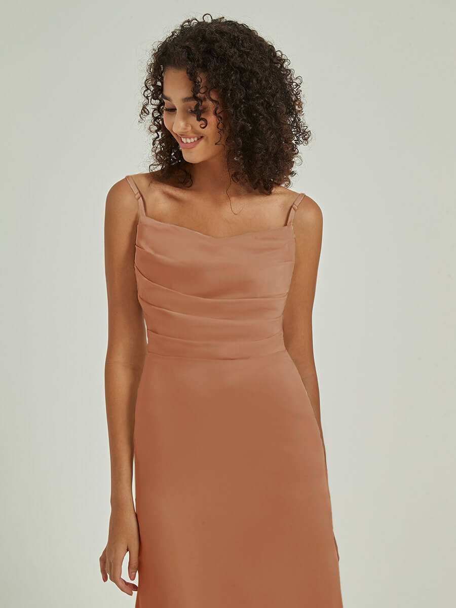 Elegant Bronzer Cowl Neck Strappy Side Slit Silk Satin Convertible Bridesmaid Dress for Weddings & Formal Events | Perfect for Bridal Party, Evening Gala & Special Occasions