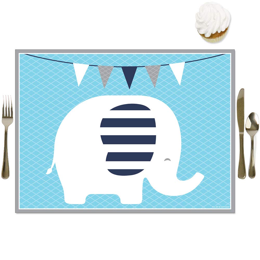 Big Dot of Happiness Blue Elephant Party Table Decorations - 16-Pack Baby Shower & Birthday Party Placemats for Boys - Perfect for Nursery Decor & Kids' Birthday Celebrations