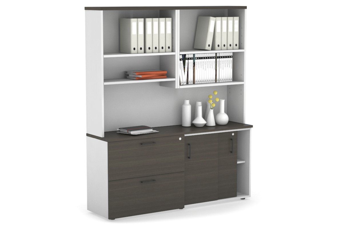 2-Door Sliding Credenza with 2 Drawers & Open Hutch - Modern Office Storage Cabinet for Files, Supplies & Decor - Perfect for Home Office, Conference Rooms & Workspaces