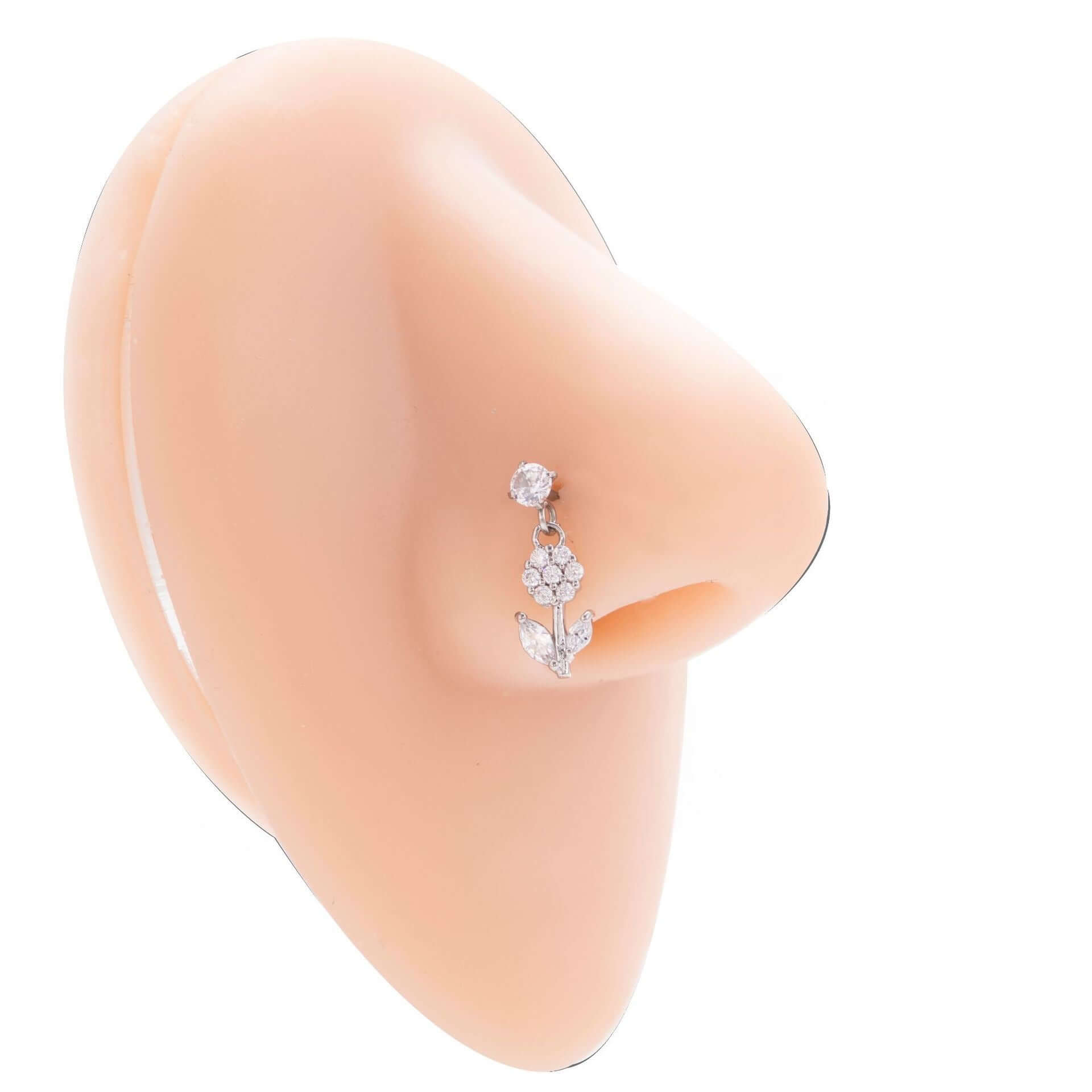 Hypoallergenic Flower Dangle Nose Ring - Sterling Silver Nose Stud for Sensitive Skin | Perfect for Pierced Nose Jewelry, Daily Wear & Special Occasions
