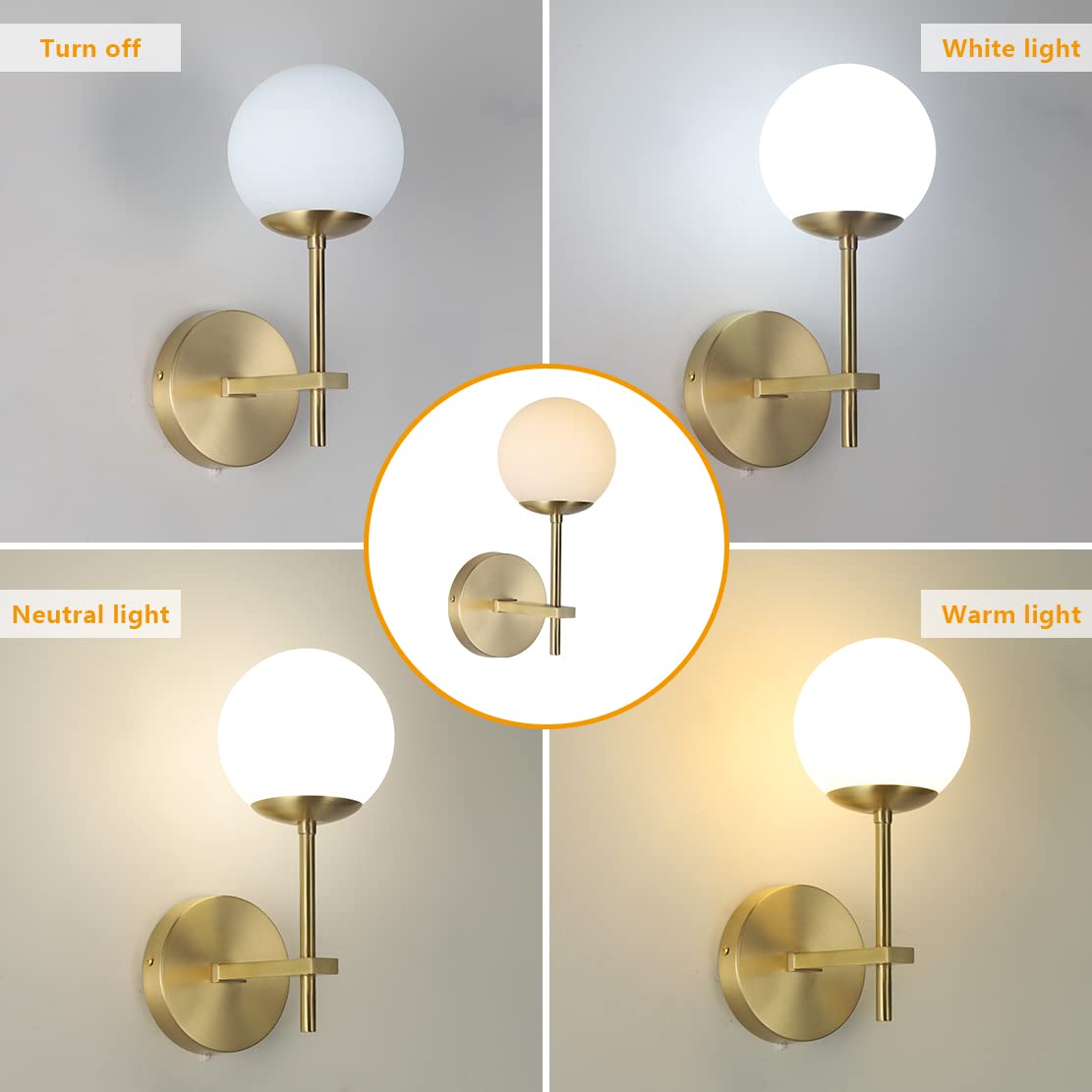 Vintage Brushed Gold Wall Sconce - Mid Century Modern 1-Light Globe Round Wall Light Fixture with Frosted White Glass for Bathroom Vanity, Bar, Living Room & Bedroom Lighting
