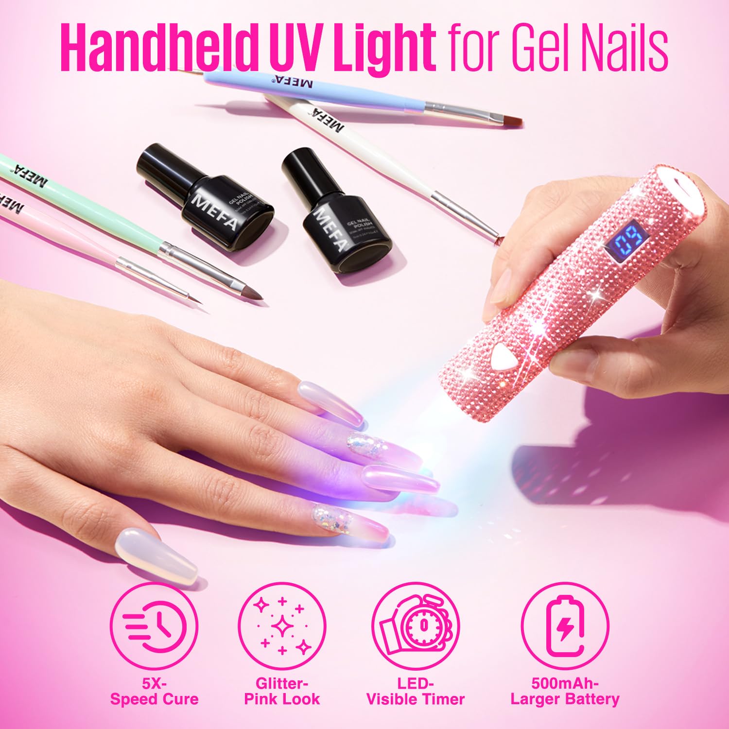 Professional Cordless UV LED Nail Lamp for Gel Polish - Pink Glitter Handheld Nail Dryer with Visible Timer & Touch Screen | Perfect for Gel Nails, Polish Stickers & Nail Art | Ideal Gift for Women & DIY Manicure at Home