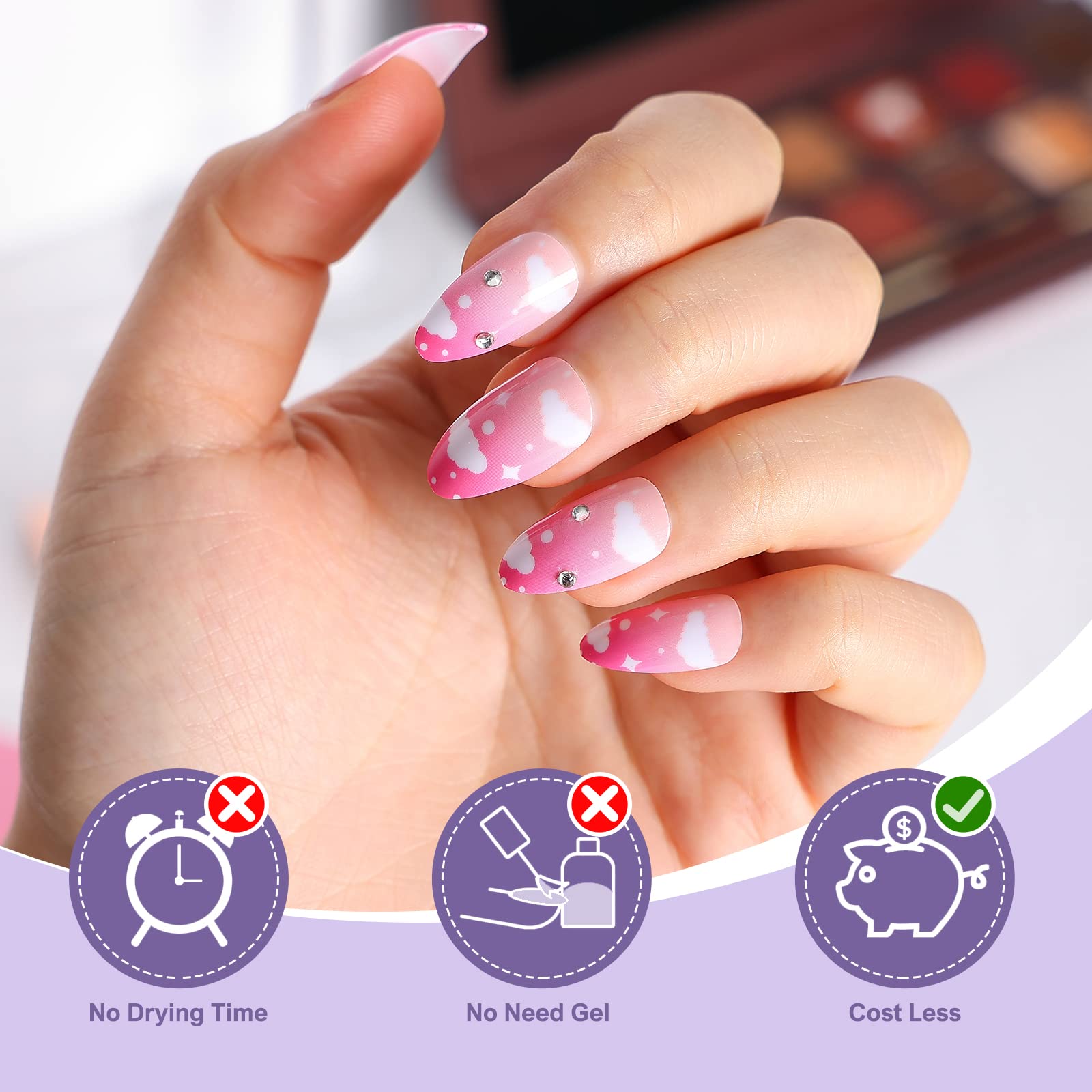 24PCS Medium Length Almond Press On Nails - Ombre Pink Acrylic Fake Nails with White Cloud & Crystal Design | Glossy Artificial Stick On Nails for Women | Perfect for Parties, Weddings & Everyday Manicures