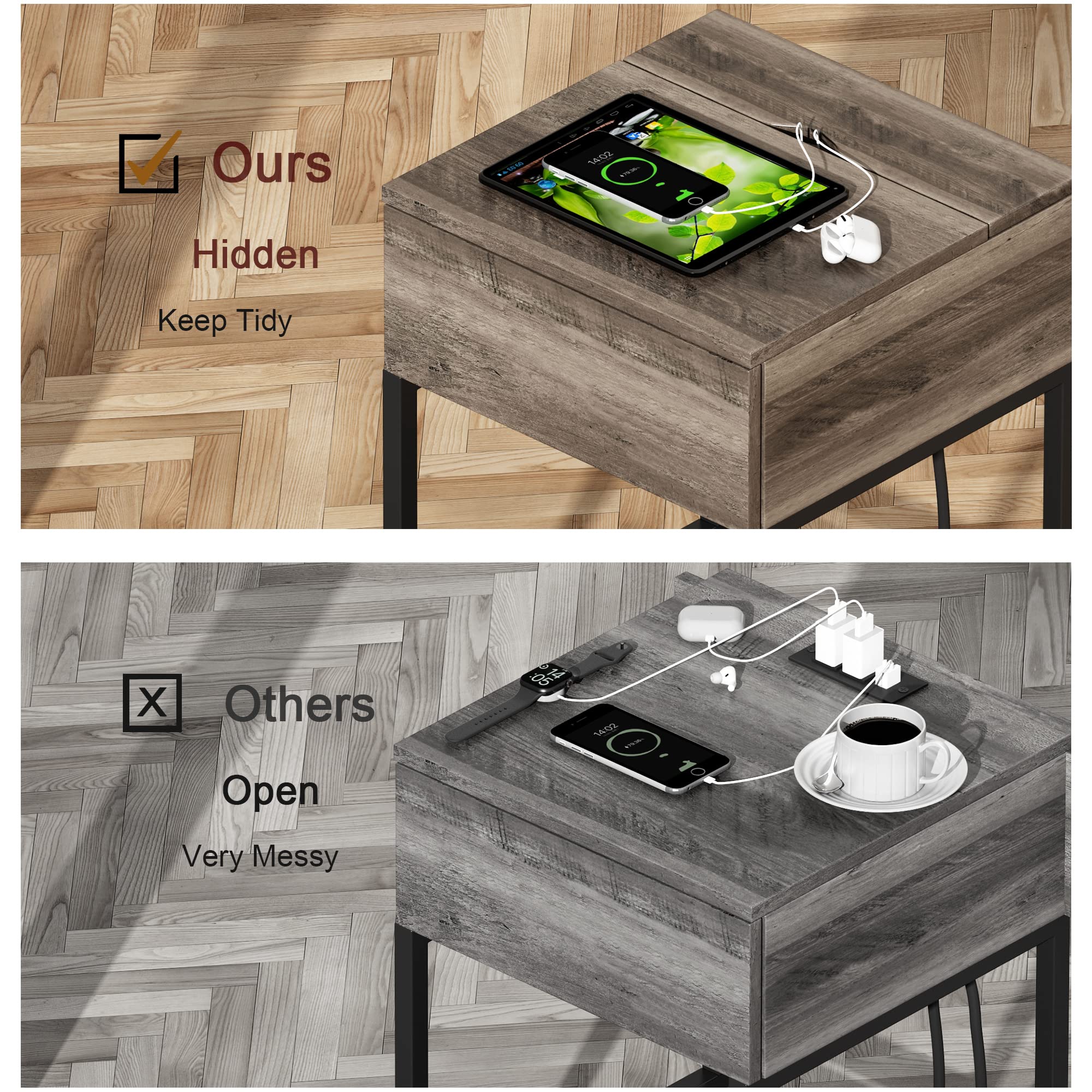 Rustic Grey Nightstand with Charging Station & USB Ports - 2 Pack Bedside Table with Drawer & Metal Shelf for Small Spaces | Perfect for Bedroom, Apartment, Dorm Room | Compact End Table with Convenient Device Charging