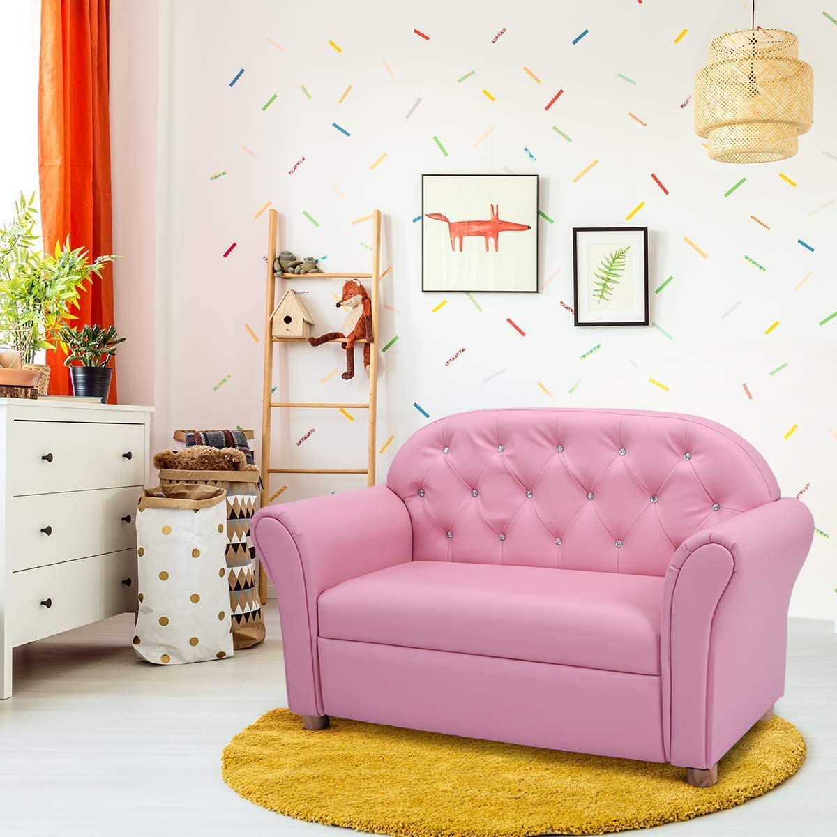 Fireflowery 37-inch Kids Sofa - Sturdy Wood Frame & PU Leather Upholstered Play Couch with Double Foam Padding - Toddler Lounge Chair for Preschool Girls (Pink) - Perfect for Playrooms, Bedrooms & Daycare Centers