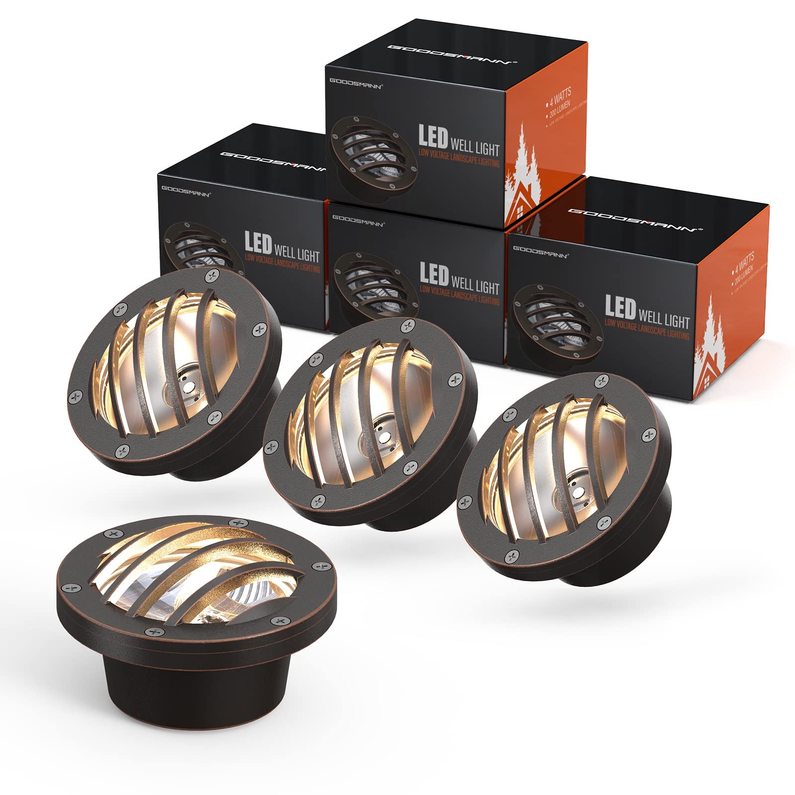 GOODSMANN 4-Pack 4Watt LED Low Voltage Well Lights Kit - 200 Lumen Rubbed Bronze Outdoor Landscape Lighting, 3100K Warm White Inground Uplights for Yard, Tree & Garden - 12V Weatherproof Metal Spotlight Set (Perfect for Pathways, Driveways & Landscape Accent Lighting)