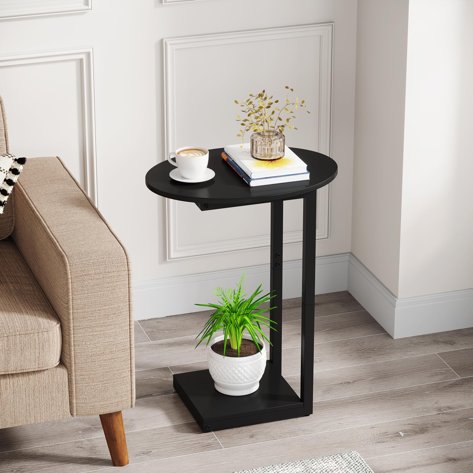 Hosfais Small C-Shaped Wood Side Table - End Table, Coffee Table & TV Tray for Small Spaces - Compact Living Room Furniture for Eating, Reading & Relaxing (Black) - Perfect for Apartments, Dorms & Cozy Homes