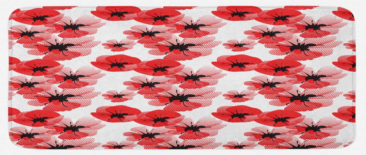 Ambesonne Non-Slip Floral Kitchen Rug - Vintage Poppy Bloom Design with Retro Halftone Dots, Plush Decorative Mat for Kitchen, Bathroom or Entryway, 47x19 Inches, Vermilion White Black - Perfect for Farmhouse, Cottage & Boho Home Decor