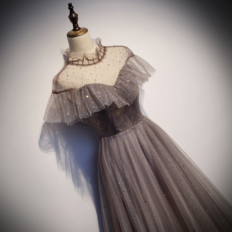 Elegant Off Shoulder A-Line Tulle Prom Dress - Shiny Gray Formal Evening Gown for Homecoming & Special Occasions | Perfect for Dances, Galas & Formal Events
