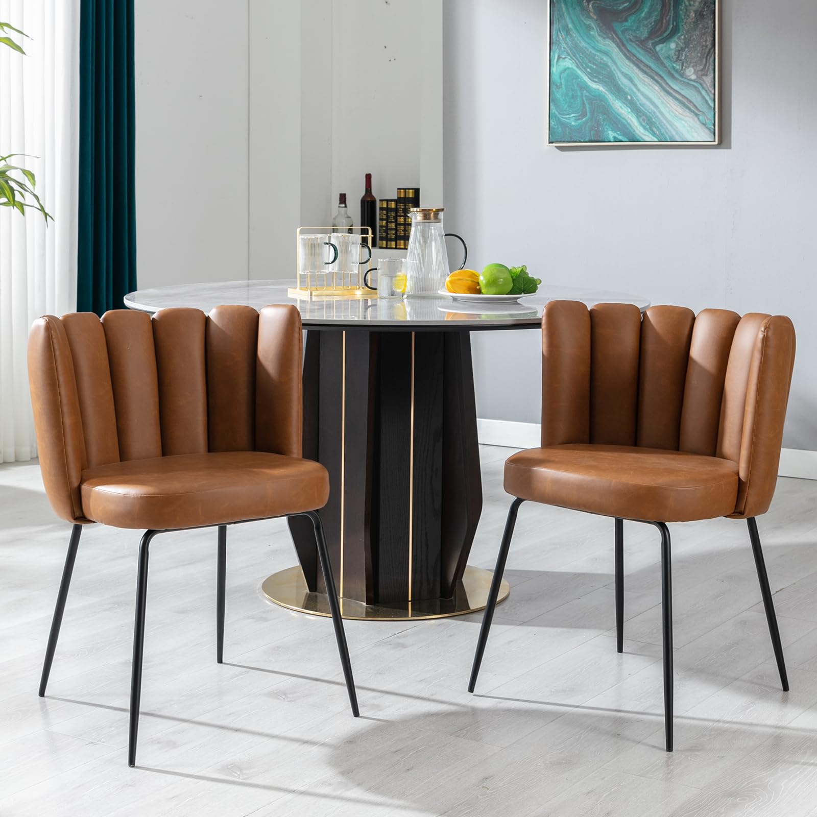 2 Pack Faux Leather Dining Chairs Set - Modern Accent Chairs with Petal Back Design & Sturdy Black Metal Legs, Comfortable Upholstered Side Chairs for Kitchen, Living Room, Restaurant or Office - Brown Leather-Like Seating Solution for Home & Commercial Spaces